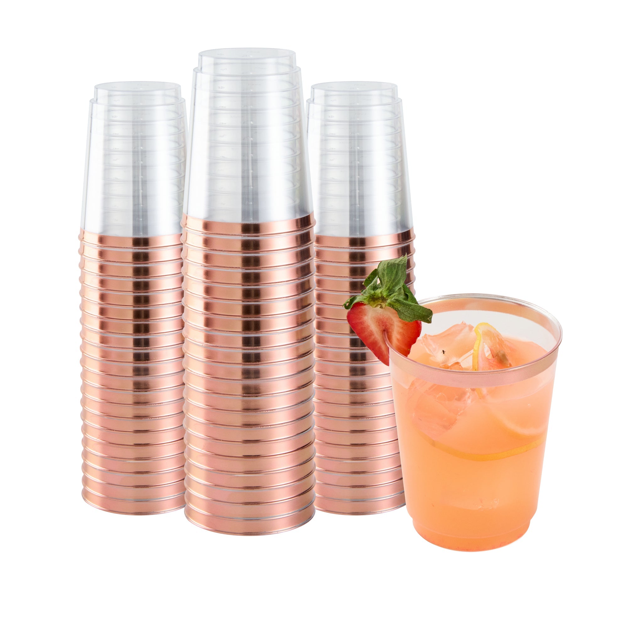 Chef 101 10 oz Clear Plastic Tumbler - with Rose Gold Rim - 3" x 3" x 3 3/4" - 500 count box