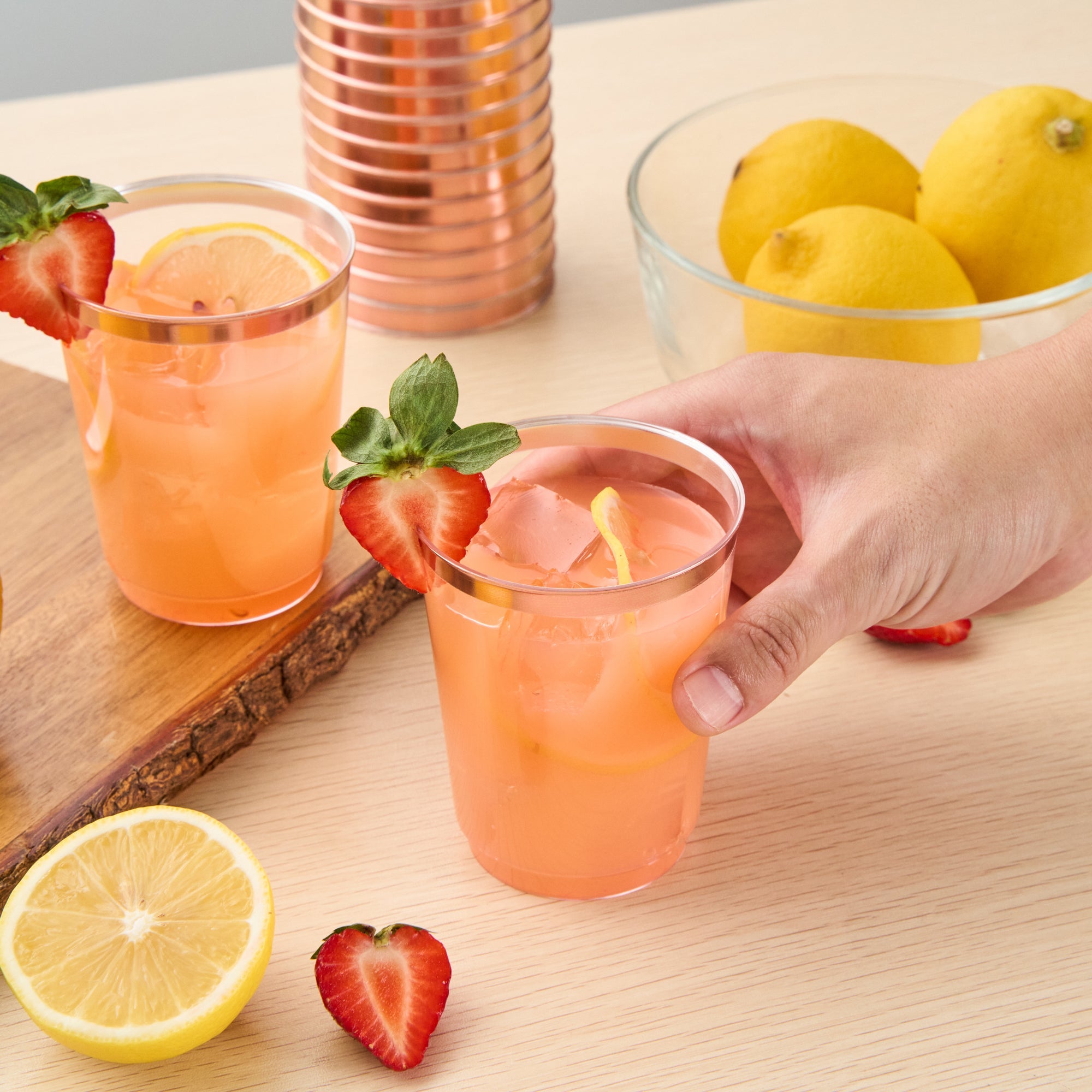 Chef 101 10 oz Clear Plastic Tumbler - with Rose Gold Rim - 3" x 3" x 3 3/4" - 20 count box