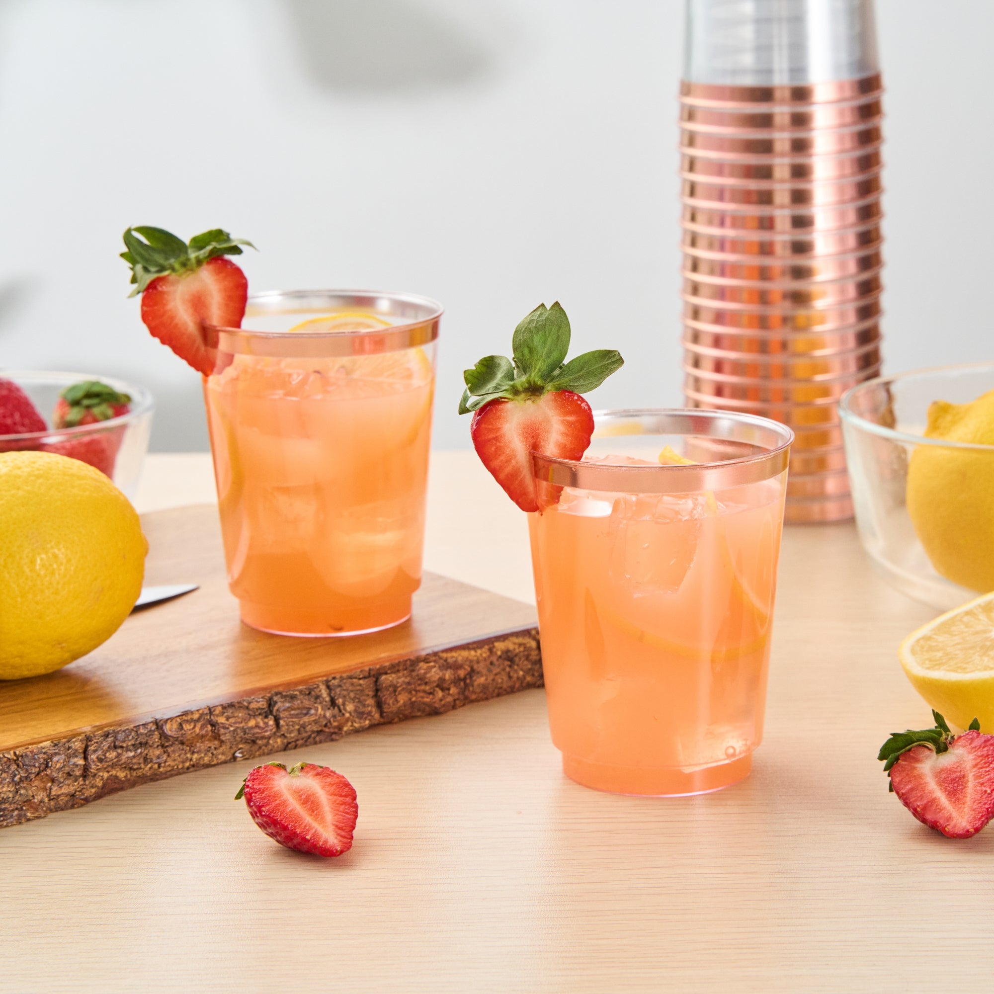 Chef 101 10 oz Clear Plastic Tumbler - with Rose Gold Rim - 3" x 3" x 3 3/4" - 500 count box