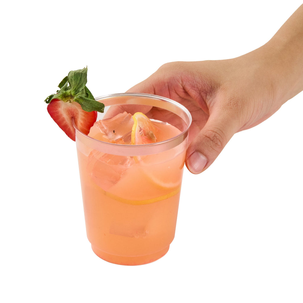 Chef 101 10 oz Clear Plastic Tumbler - with Rose Gold Rim - 3" x 3" x 3 3/4" - 500 count box