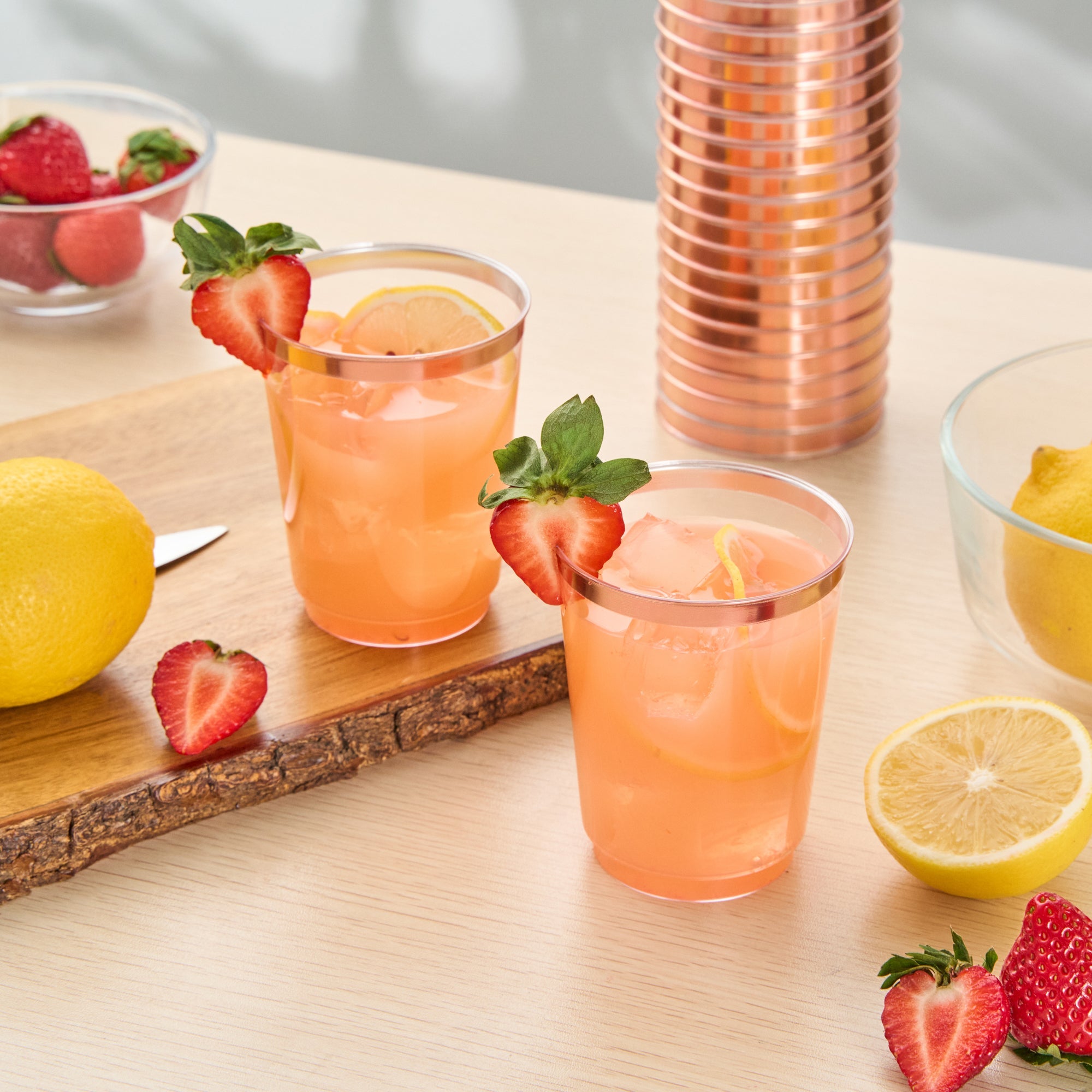 Chef 101 10 oz Clear Plastic Tumbler - with Rose Gold Rim - 3" x 3" x 3 3/4" - 500 count box