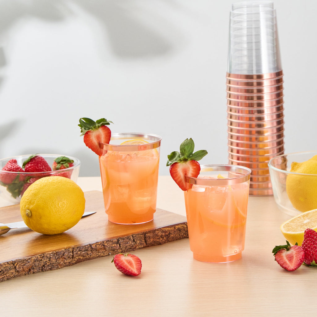 Chef 101 10 oz Clear Plastic Tumbler - with Rose Gold Rim - 3" x 3" x 3 3/4" - 500 count box