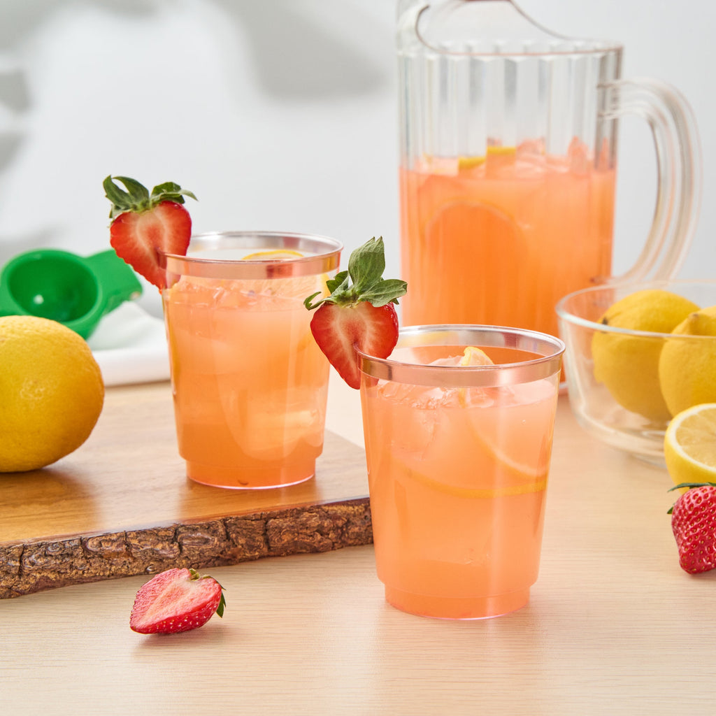 Chef 101 10 oz Clear Plastic Tumbler - with Rose Gold Rim - 3" x 3" x 3 3/4" - 500 count box