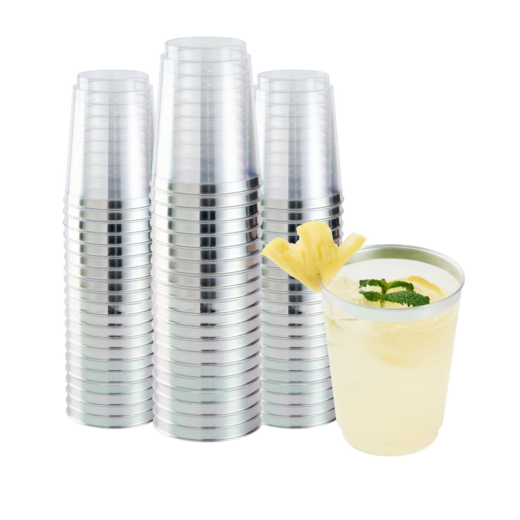 Chef 101 10 oz Clear Plastic Tumbler - with Silver Rim - 3" x 3" x 3 3/4" - 500 count box