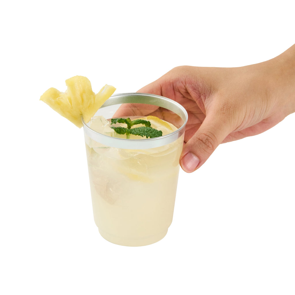 Chef 101 10 oz Clear Plastic Tumbler - with Silver Rim - 3" x 3" x 3 3/4" - 20 count box