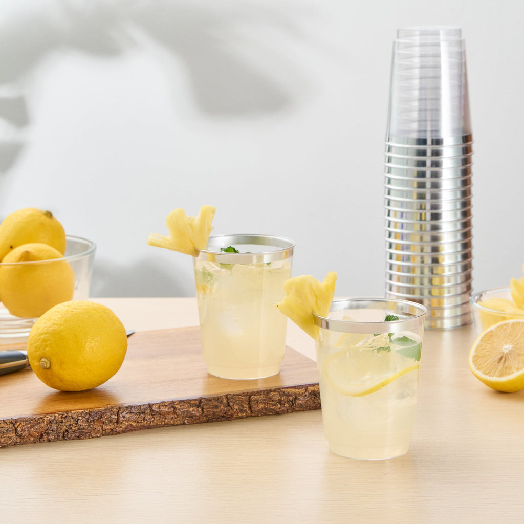 Chef 101 10 oz Clear Plastic Tumbler - with Silver Rim - 3" x 3" x 3 3/4" - 20 count box