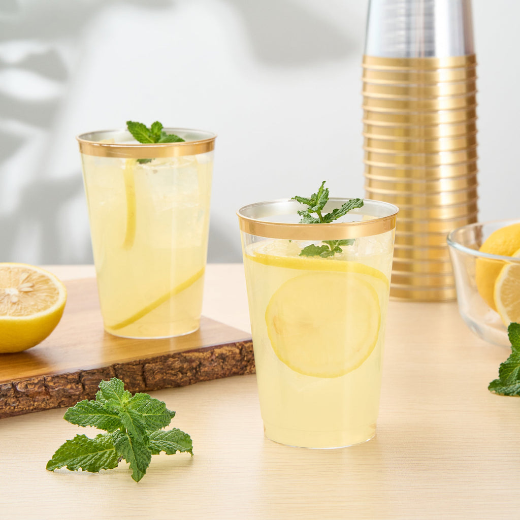 Chef 101 12 oz Clear Plastic Tumbler - with Gold Rim - 3" x 3" x 4 1/4" - 500 count box