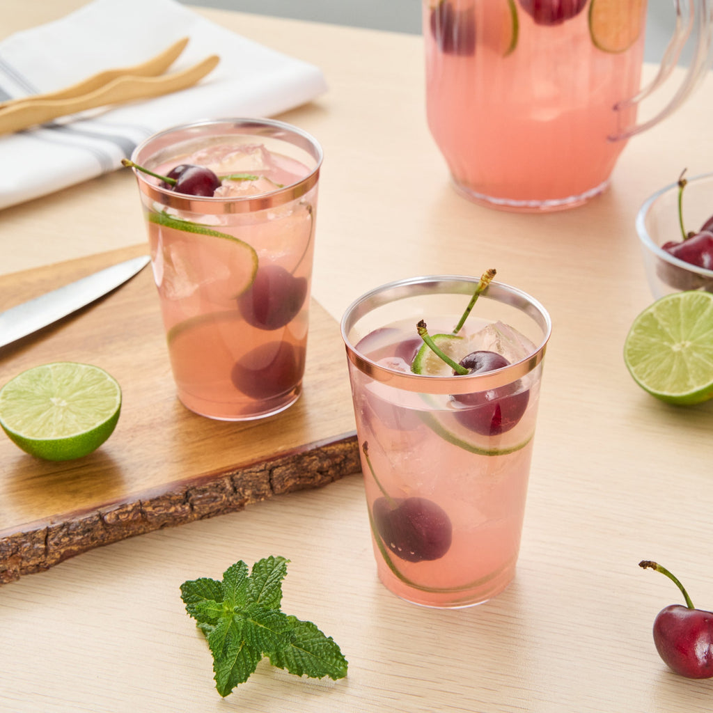Chef 101 12 oz Clear Plastic Tumbler - with Rose Gold Rim - 3" x 3" x 4 1/4" - 20 count box