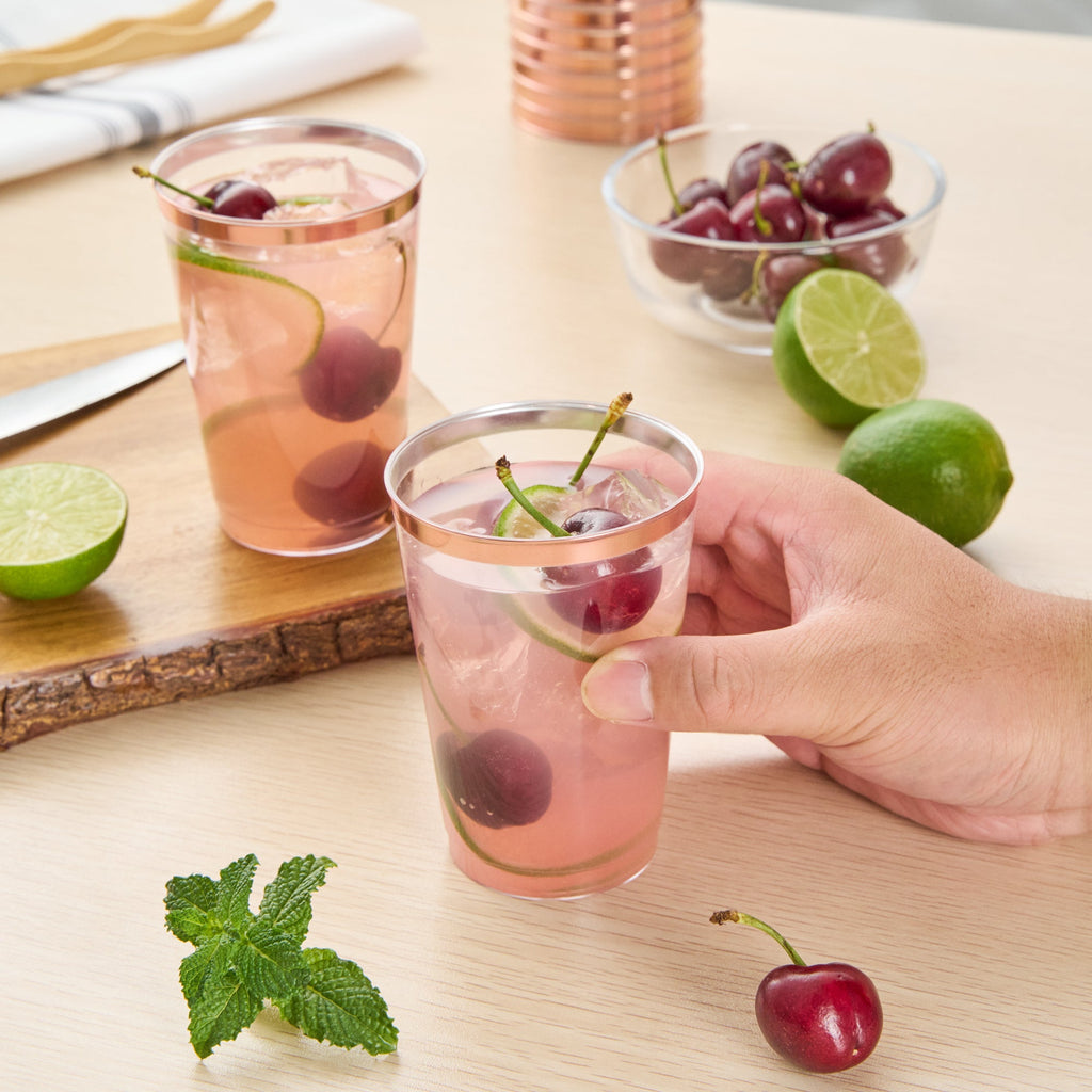 Chef 101 12 oz Clear Plastic Tumbler - with Rose Gold Rim - 3" x 3" x 4 1/4" - 500 count box