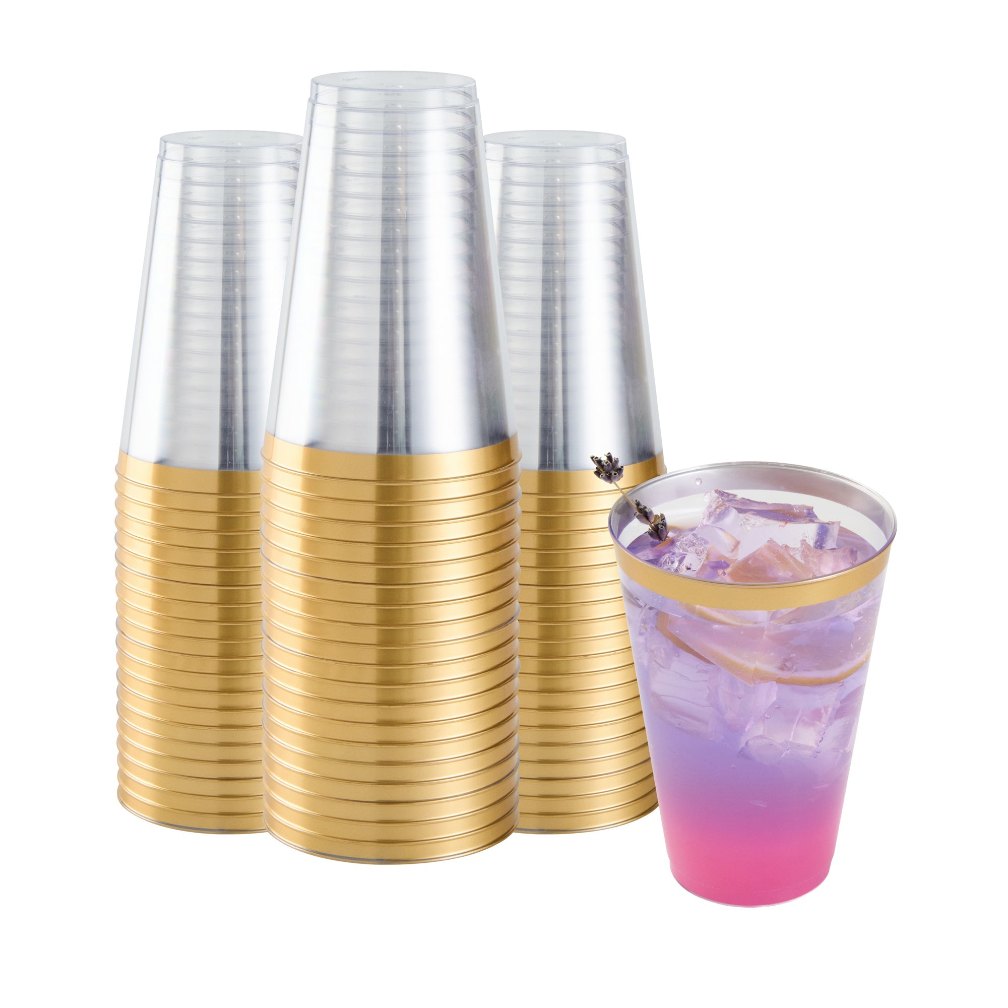 Chef 101 14 oz Clear Plastic Tumbler - with Gold Rim - 3 1/4" x 3 1/4" x 4 3/4" - 20 count box