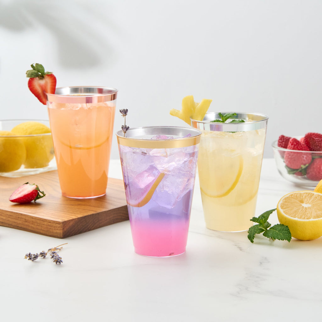 Chef 101 14 oz Clear Plastic Tumbler - with Gold Rim - 3 1/4" x 3 1/4" x 4 3/4" - 20 count box