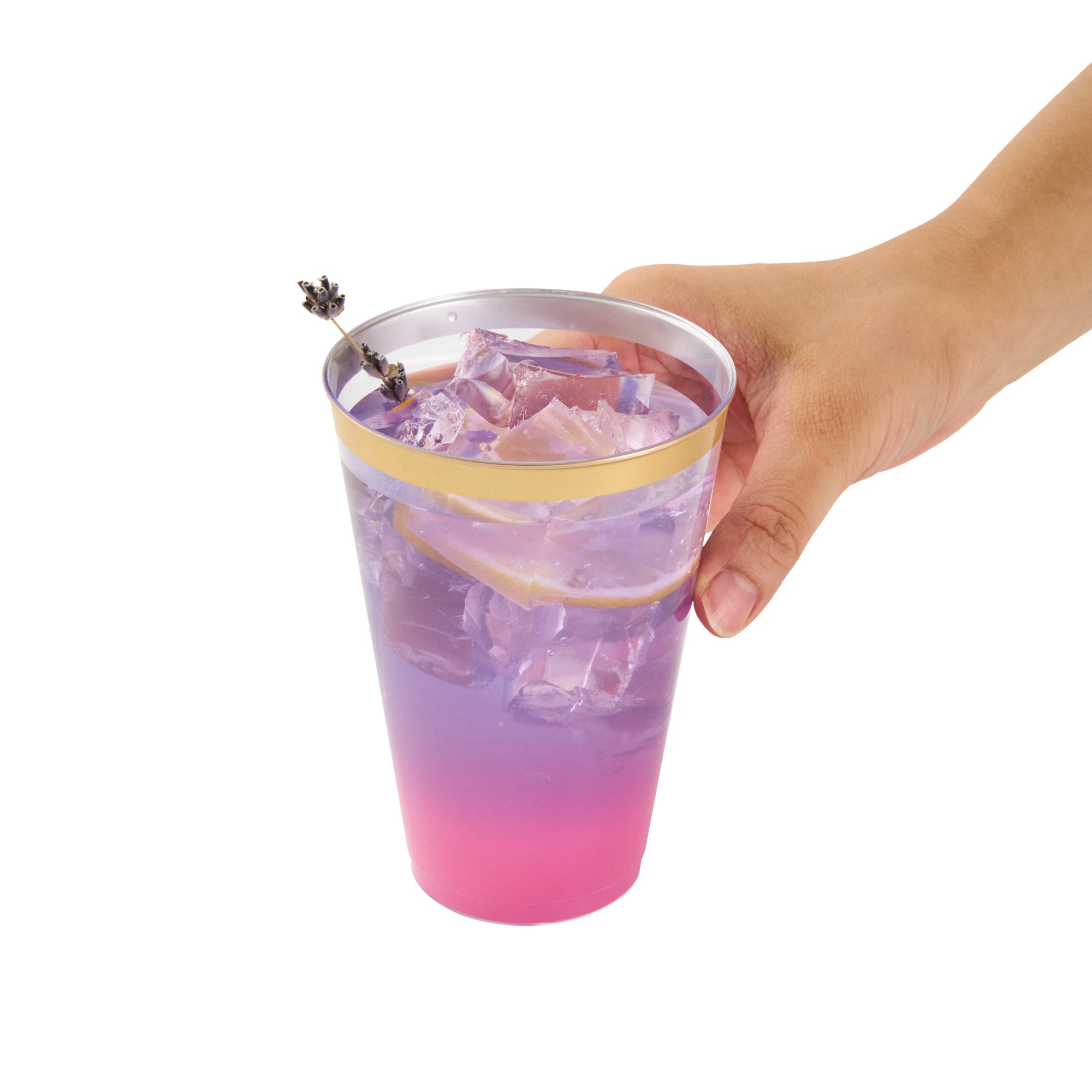 Chef 101 14 oz Clear Plastic Tumbler - with Gold Rim - 3 1/4" x 3 1/4" x 4 3/4" - 500 count box