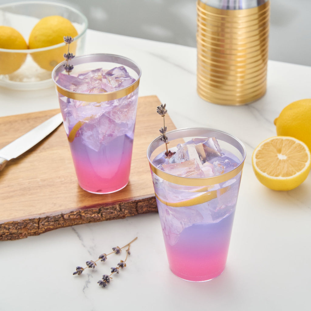Chef 101 14 oz Clear Plastic Tumbler - with Gold Rim - 3 1/4" x 3 1/4" x 4 3/4" - 500 count box