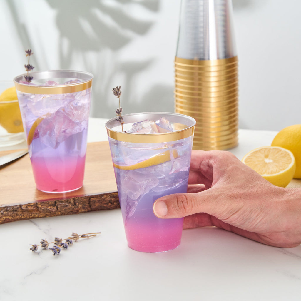 Chef 101 14 oz Clear Plastic Tumbler - with Gold Rim - 3 1/4" x 3 1/4" x 4 3/4" - 500 count box