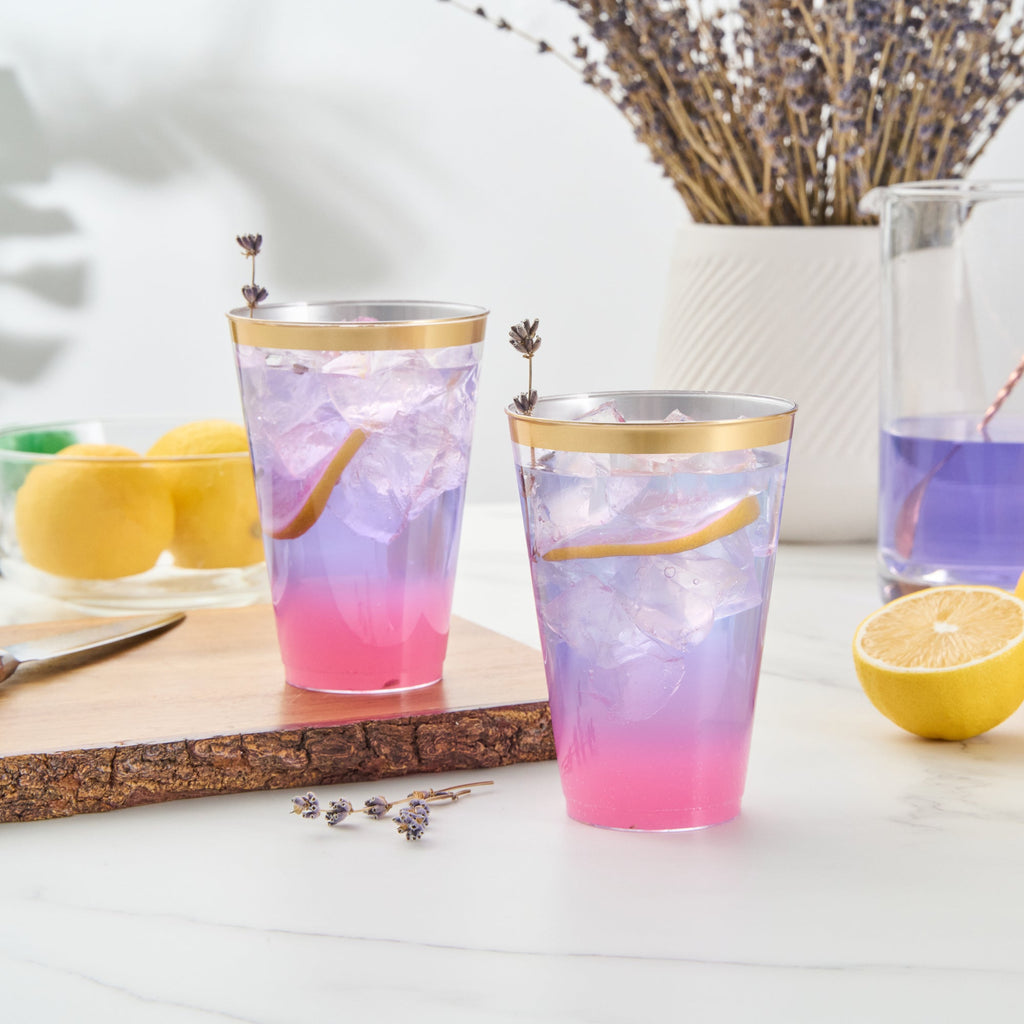Chef 101 14 oz Clear Plastic Tumbler - with Gold Rim - 3 1/4" x 3 1/4" x 4 3/4" - 500 count box