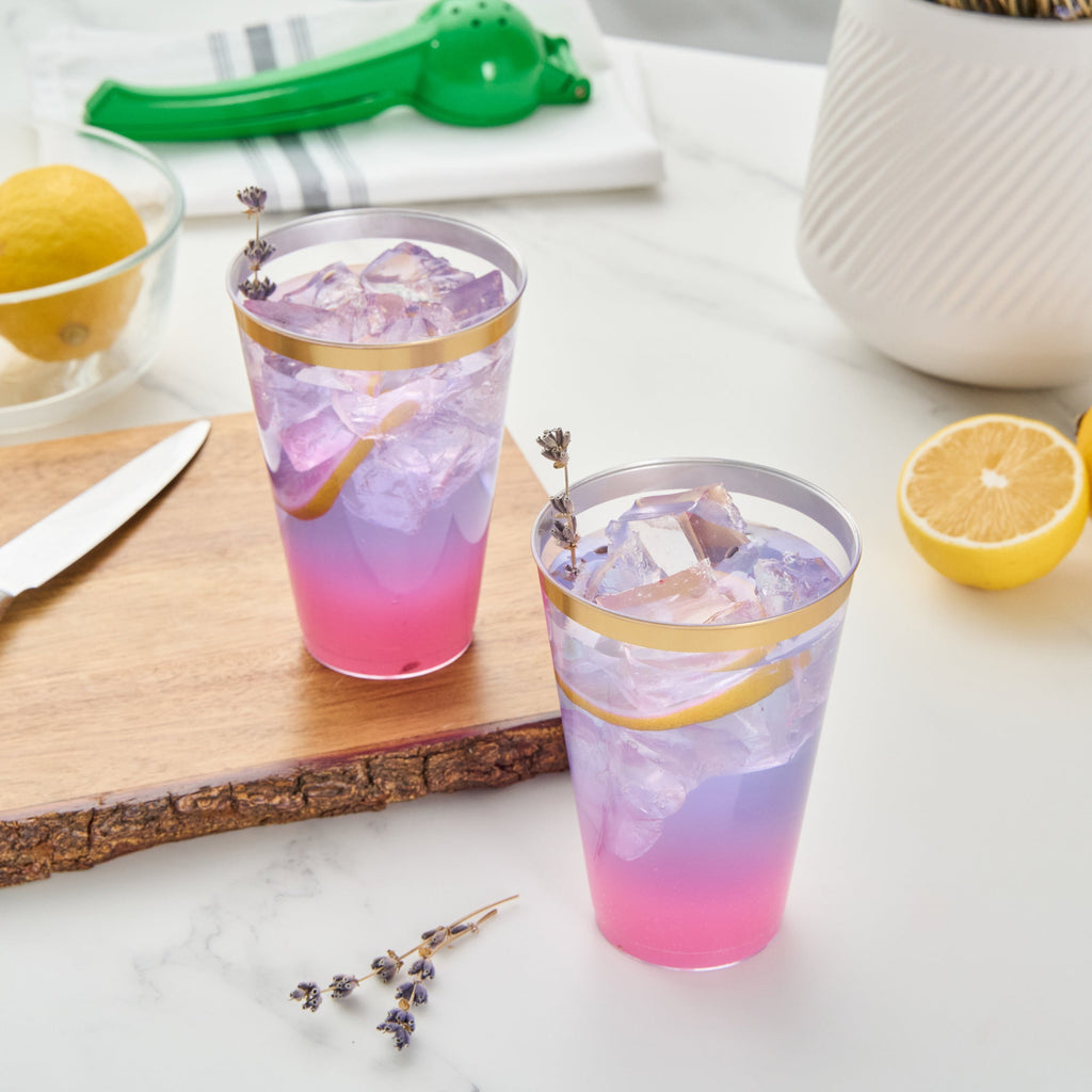 Chef 101 14 oz Clear Plastic Tumbler - with Gold Rim - 3 1/4" x 3 1/4" x 4 3/4" - 500 count box