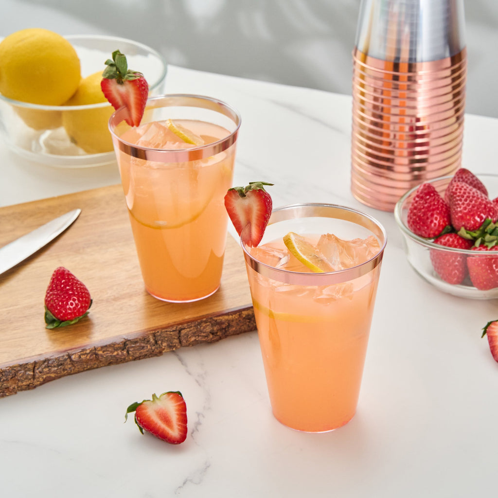 Chef 101 14 oz Clear Plastic Tumbler - with Rose Gold Rim - 3 1/4" x 3 1/4" x 4 3/4" - 20 count box