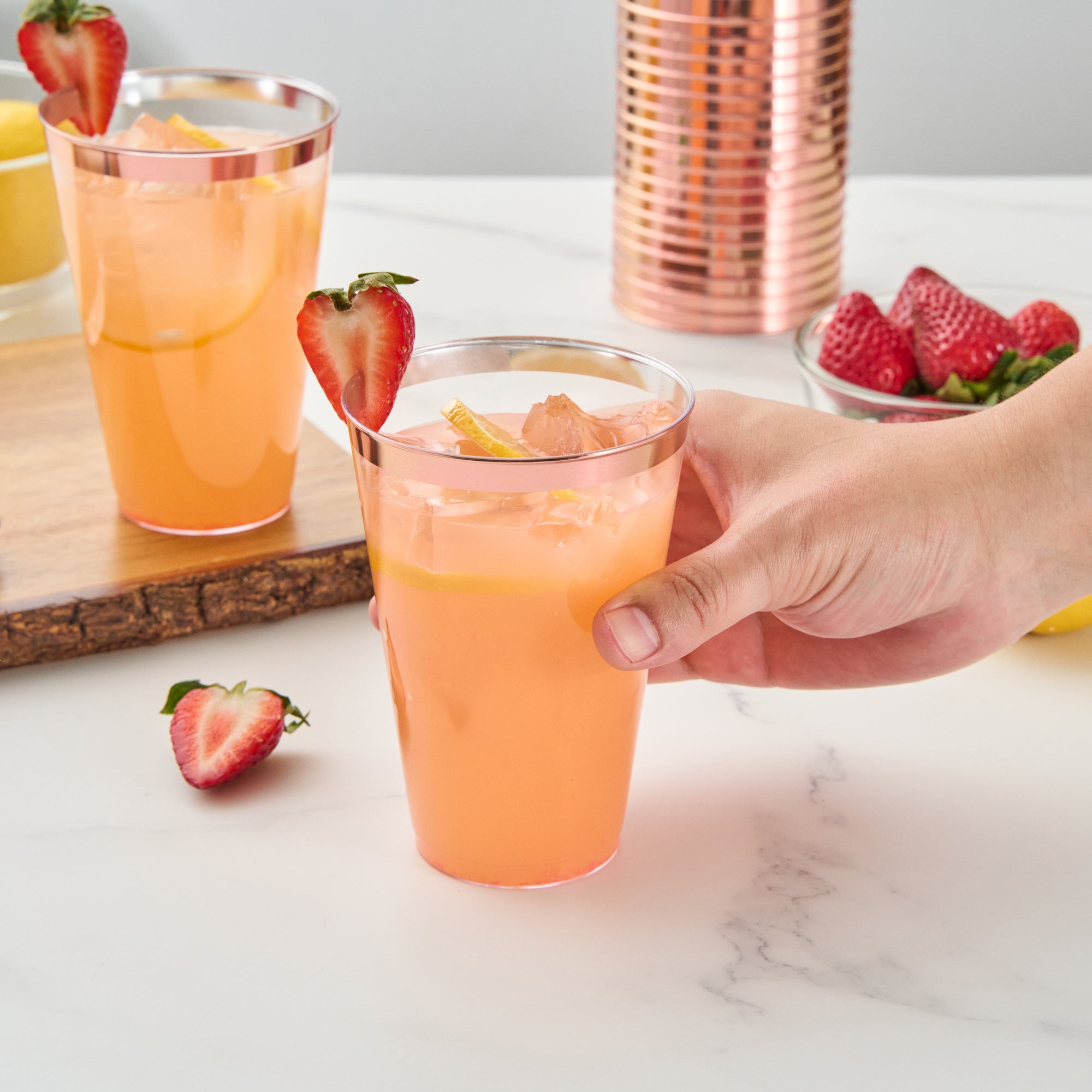 Chef 101 14 oz Clear Plastic Tumbler - with Rose Gold Rim - 3 1/4" x 3 1/4" x 4 3/4" - 20 count box