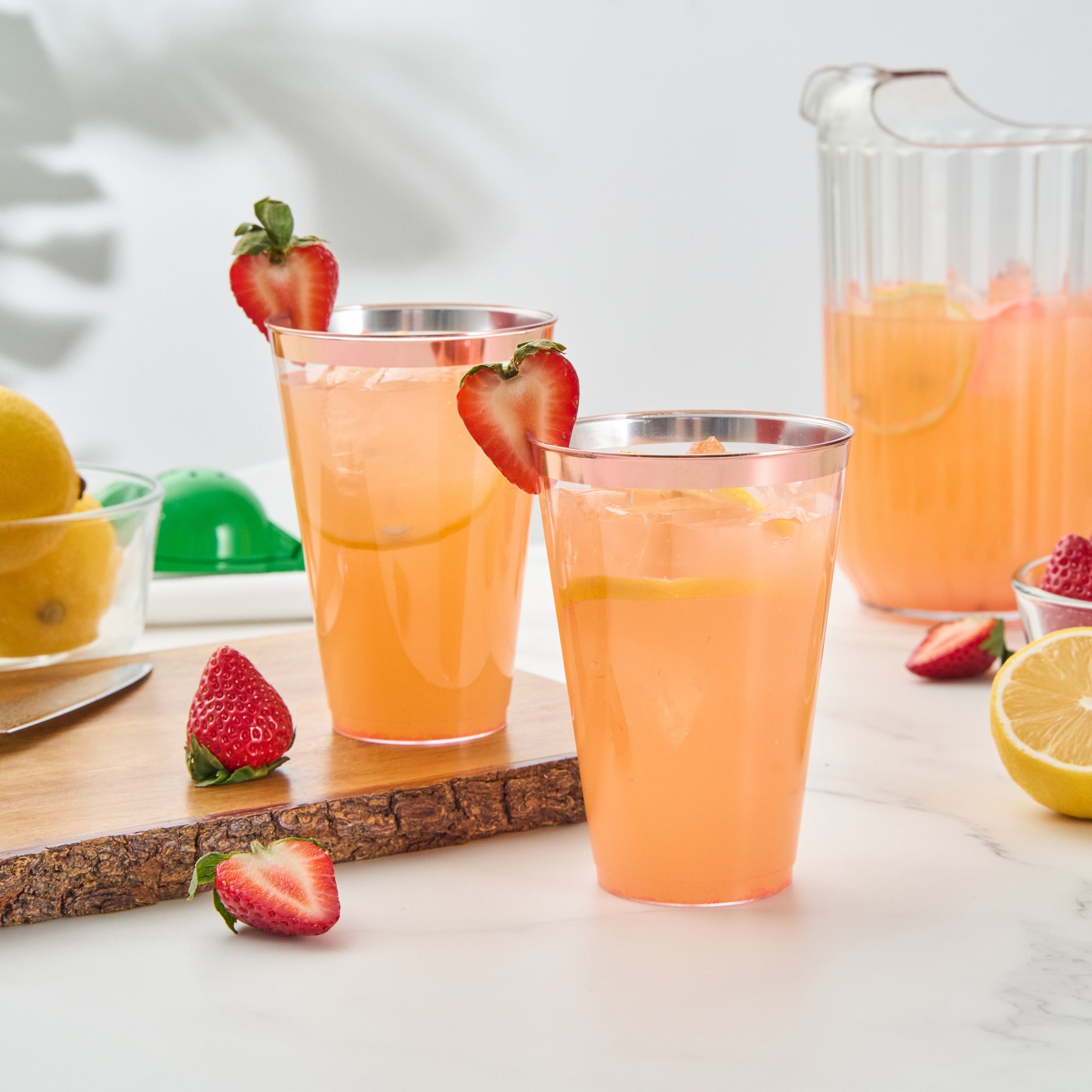 Chef 101 14 oz Clear Plastic Tumbler - with Rose Gold Rim - 3 1/4" x 3 1/4" x 4 3/4" - 20 count box