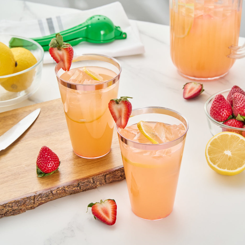 Chef 101 14 oz Clear Plastic Tumbler - with Rose Gold Rim - 3 1/4" x 3 1/4" x 4 3/4" - 20 count box