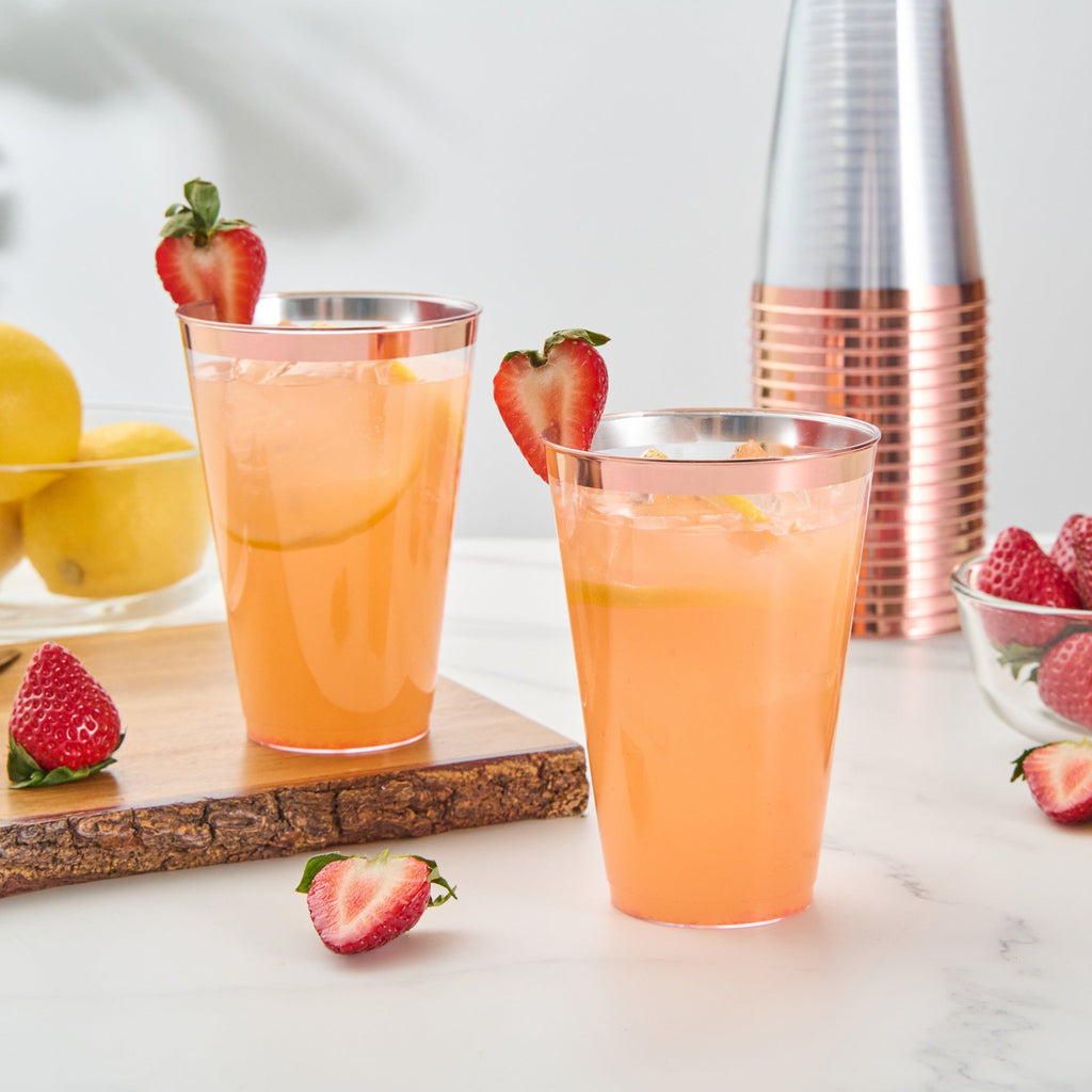 Chef 101 14 oz Clear Plastic Tumbler - with Rose Gold Rim - 3 1/4" x 3 1/4" x 4 3/4" - 500 count box