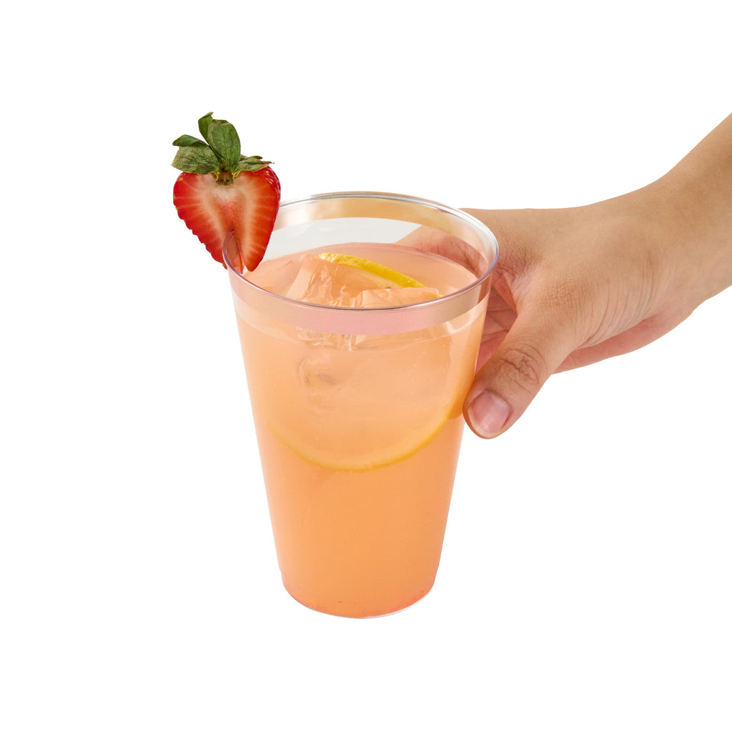 Chef 101 14 oz Clear Plastic Tumbler - with Rose Gold Rim - 3 1/4" x 3 1/4" x 4 3/4" - 500 count box