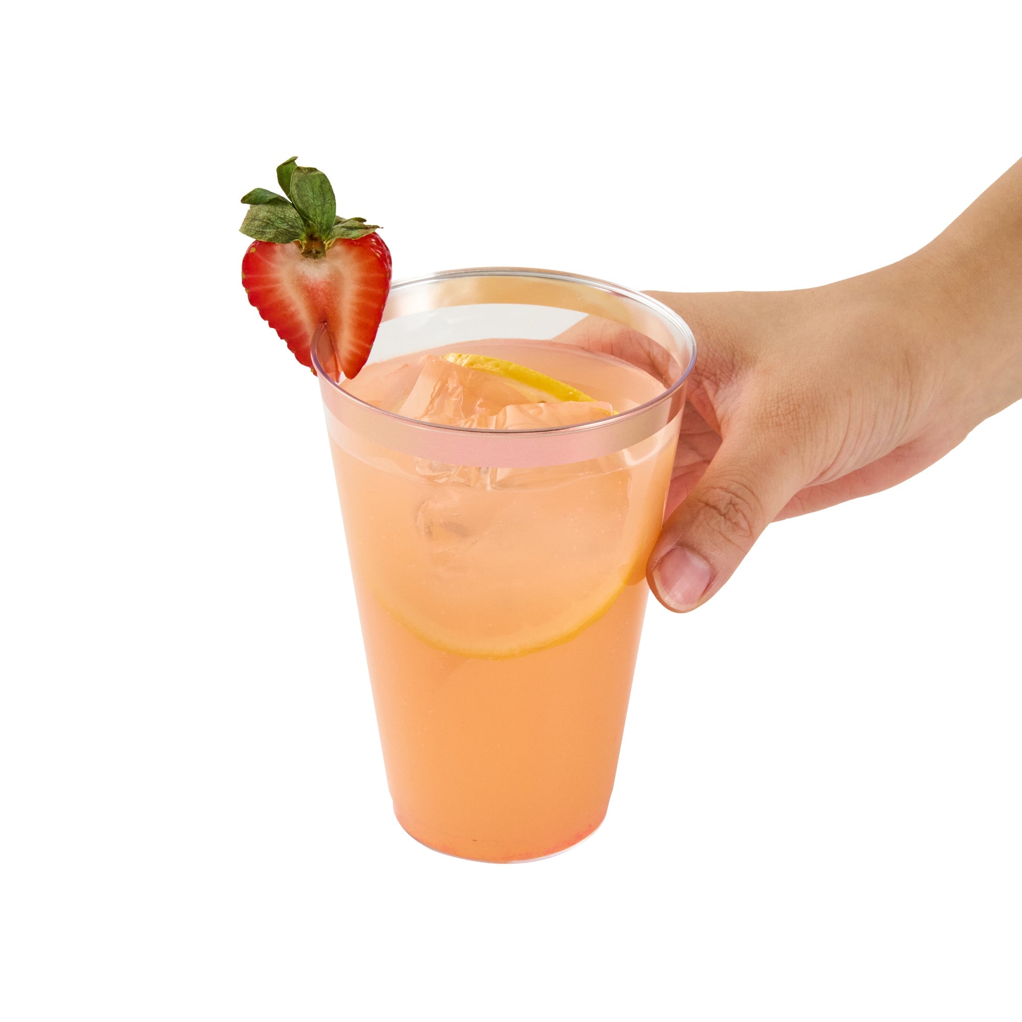 Chef 101 14 oz Clear Plastic Tumbler - with Rose Gold Rim - 3 1/4" x 3 1/4" x 4 3/4" - 500 count box
