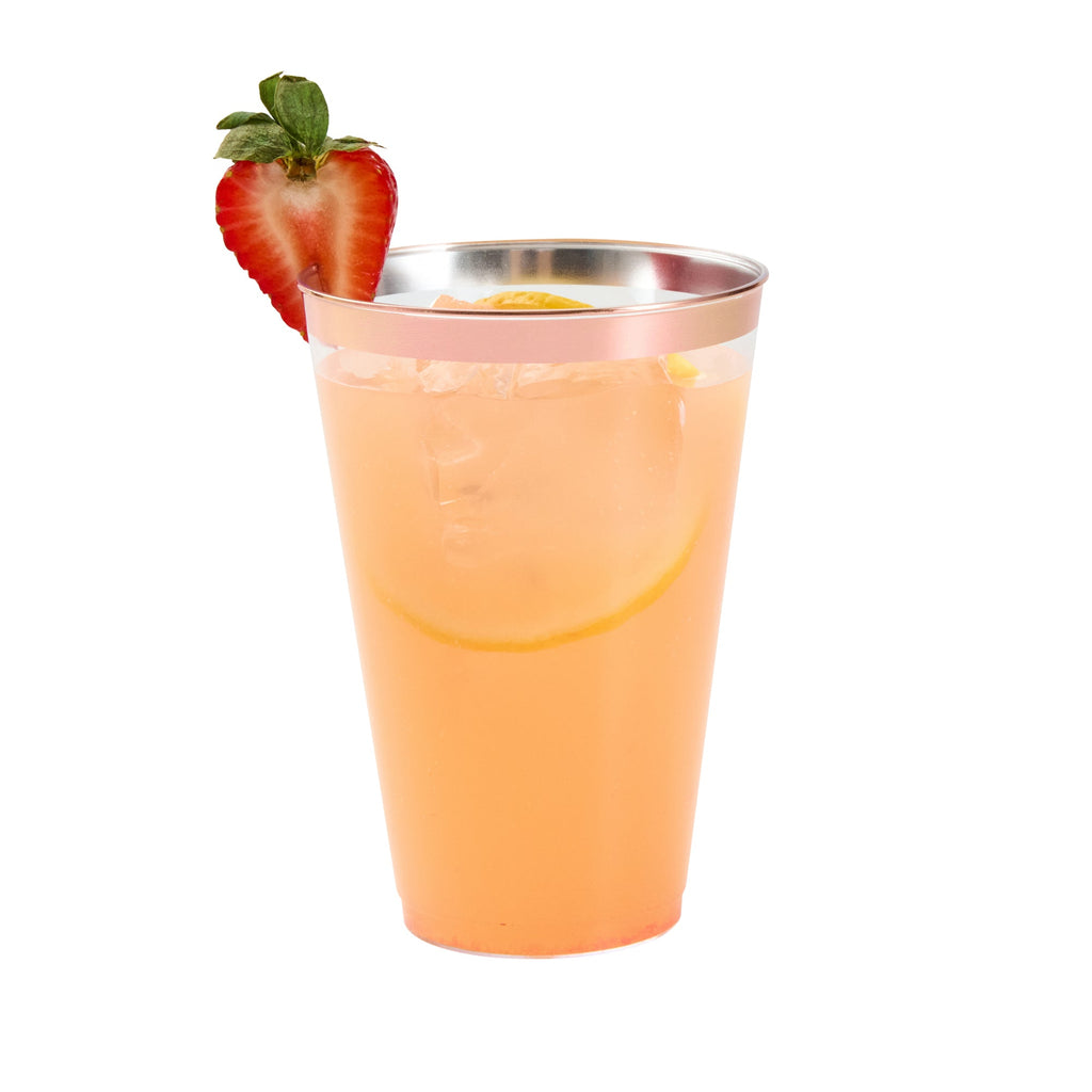 Chef 101 14 oz Clear Plastic Tumbler - with Rose Gold Rim - 3 1/4" x 3 1/4" x 4 3/4" - 500 count box