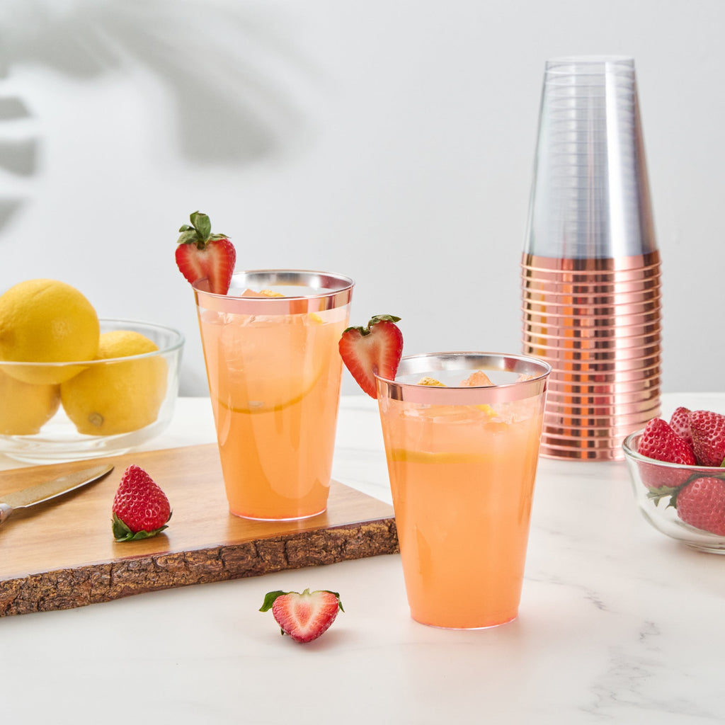 Chef 101 14 oz Clear Plastic Tumbler - with Rose Gold Rim - 3 1/4" x 3 1/4" x 4 3/4" - 500 count box