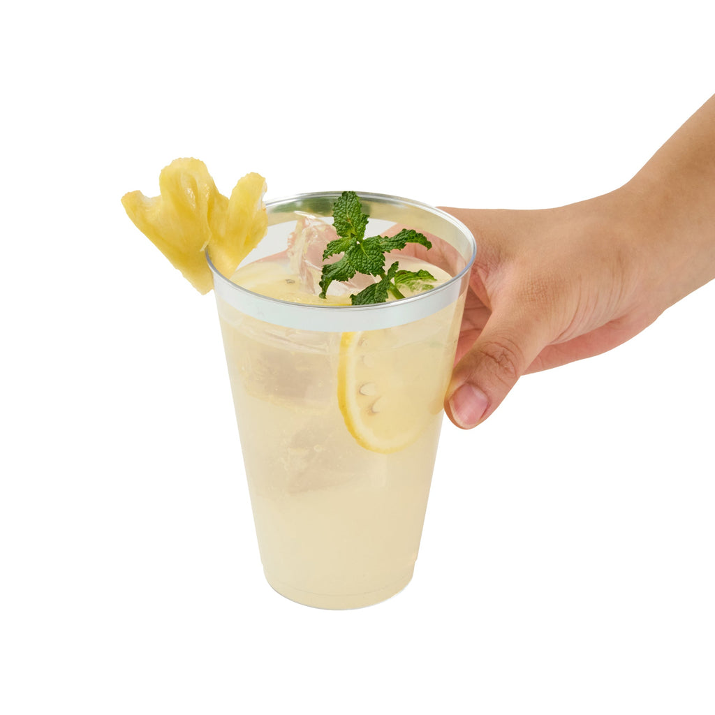Chef 101 14 oz Clear Plastic Tumbler - with Silver Rim - 3 1/4" x 3 1/4" x 4 3/4" - 20 count box