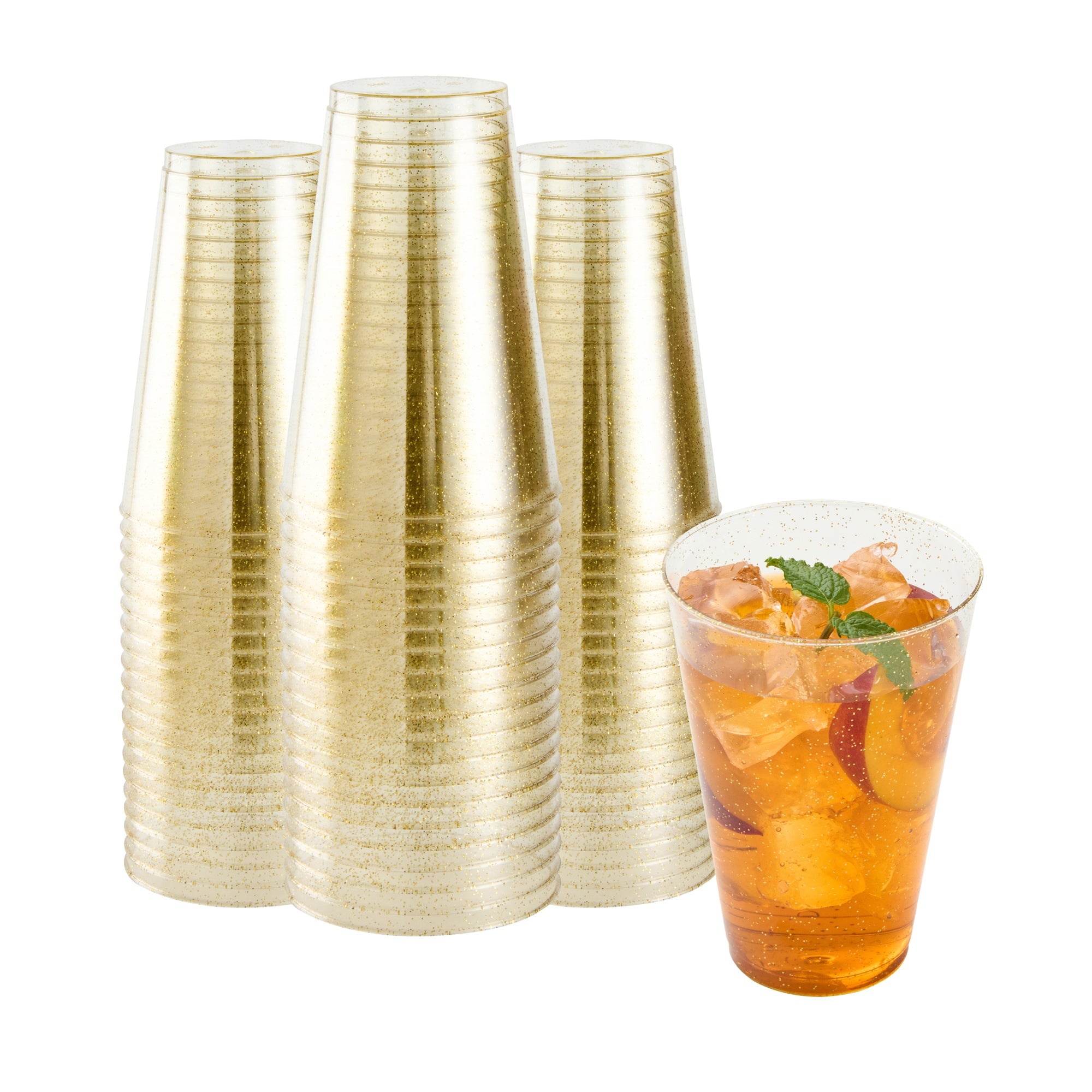 Chef 101 14 oz Gold Glitter Plastic Tumbler - 3 1/4" x 3 1/4" x 4 3/4" - 20 count box