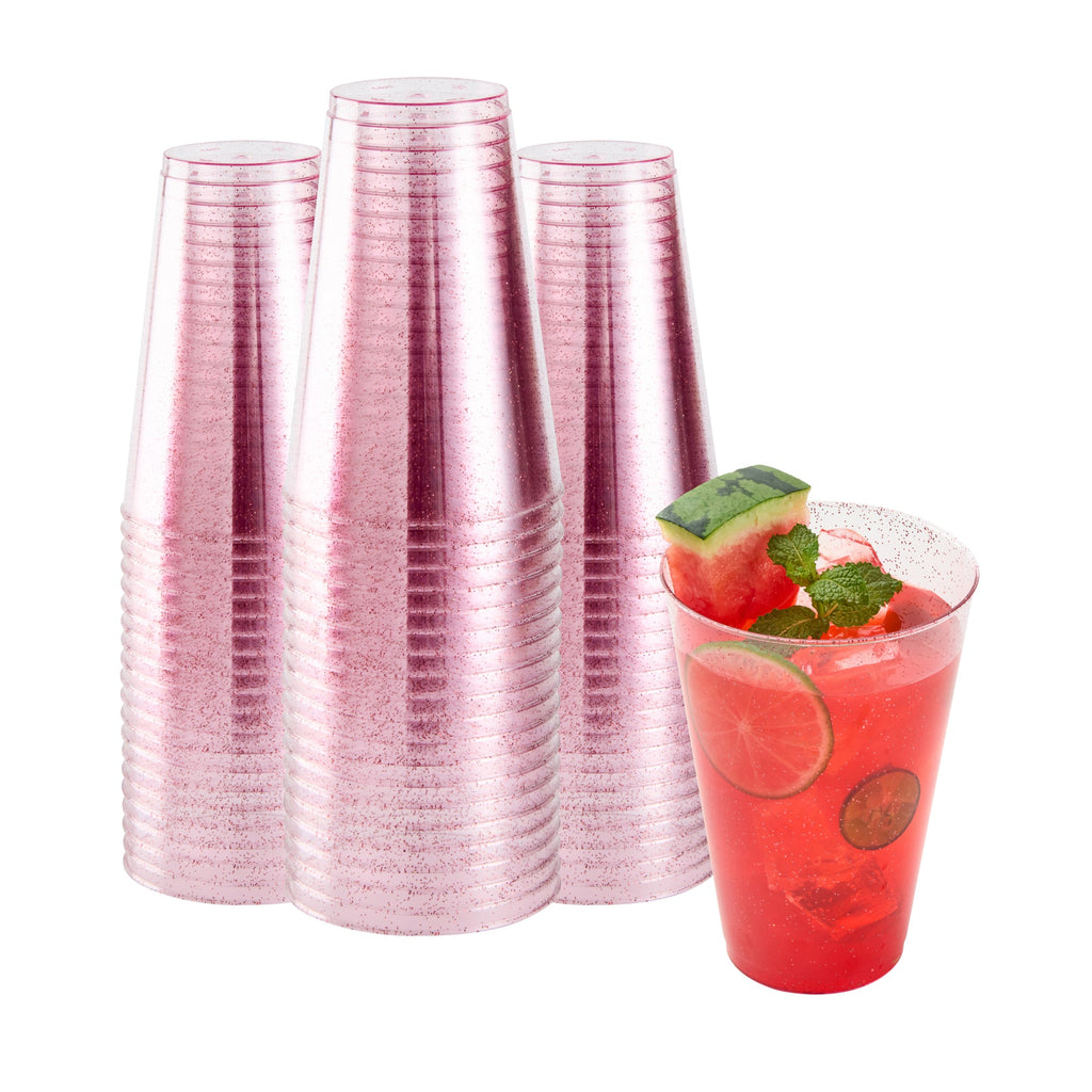 Chef 101 14 oz Pink Glitter Plastic Tumbler - 3 1/4" x 3 1/4" x 4 3/4" - 20 count box