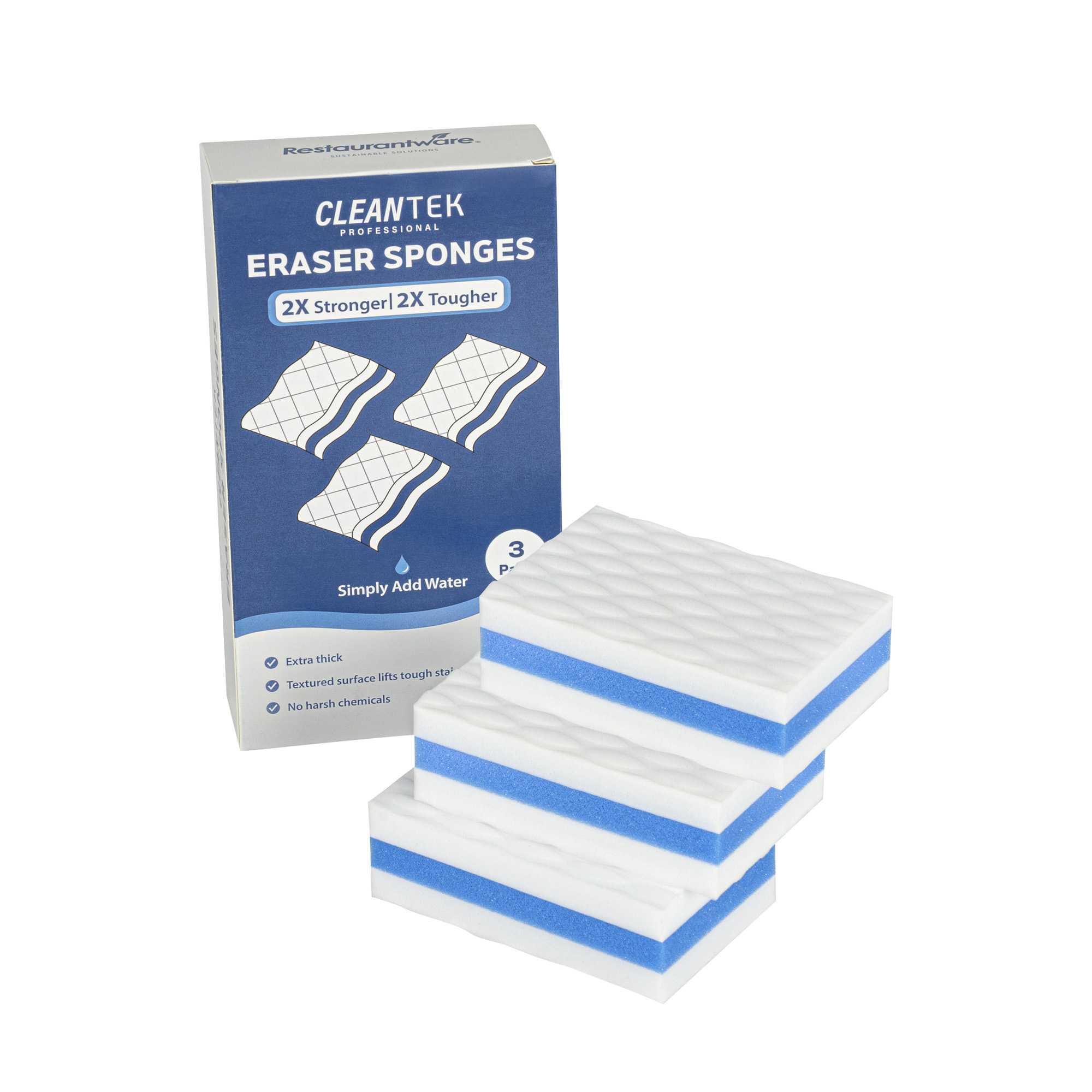 Clean Tek Professional White and Blue Triple Layer Melamine Eraser Sponge - 4 1/4" x 2 3/4" x 1 1/2" - 3 count box