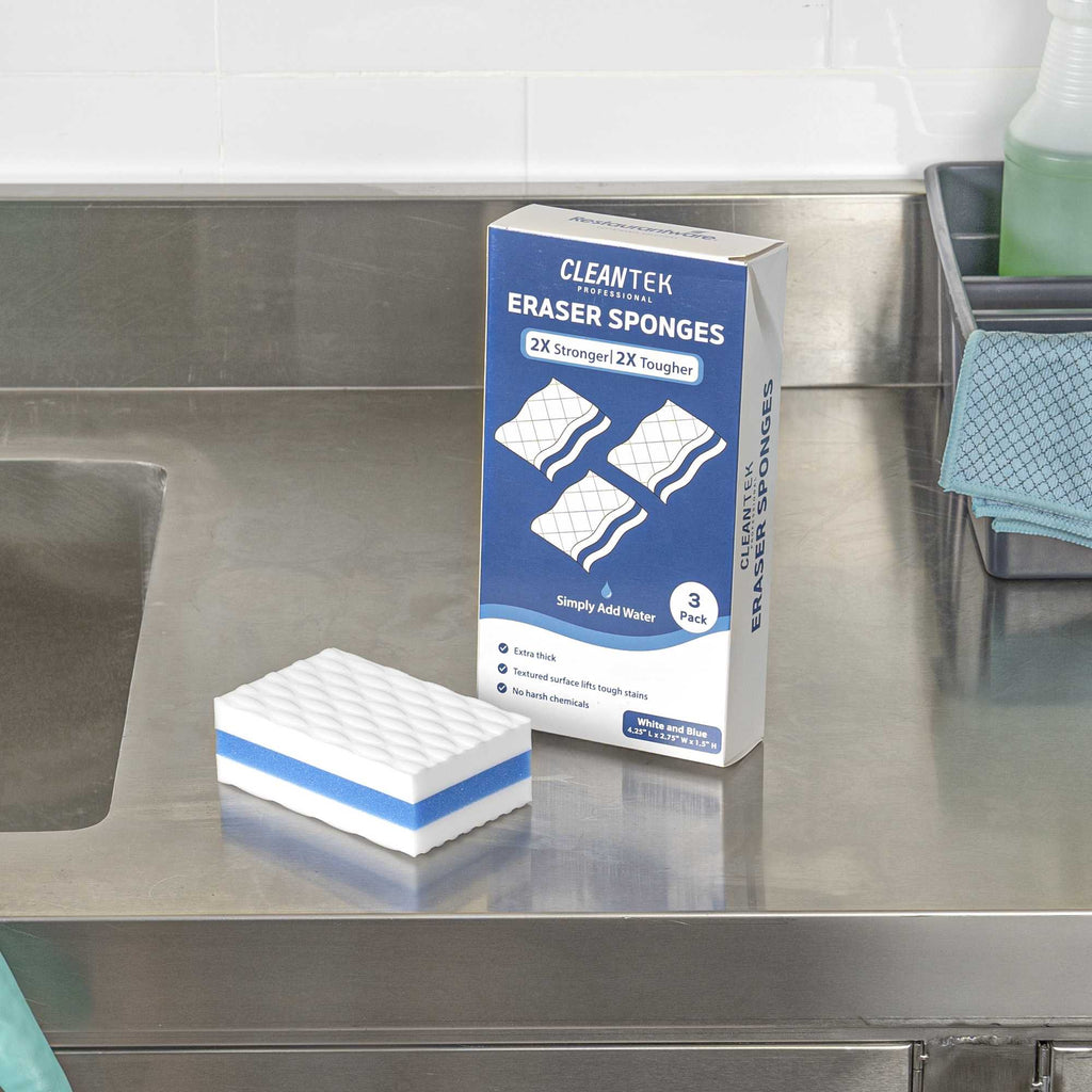 Clean Tek Professional White and Blue Triple Layer Melamine Eraser Sponge - 4 1/4" x 2 3/4" x 1 1/2" - 3 count box