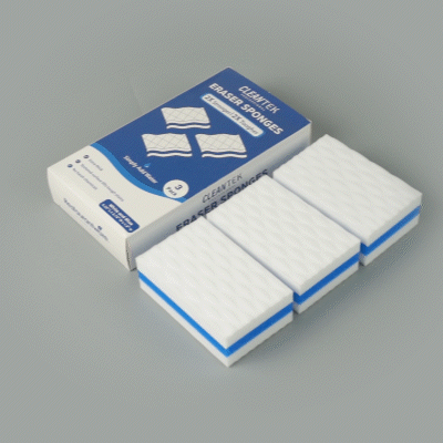 Clean Tek Professional White and Blue Triple Layer Melamine Eraser Sponge - 4 1/4" x 2 3/4" x 1 1/2" - 3 count box