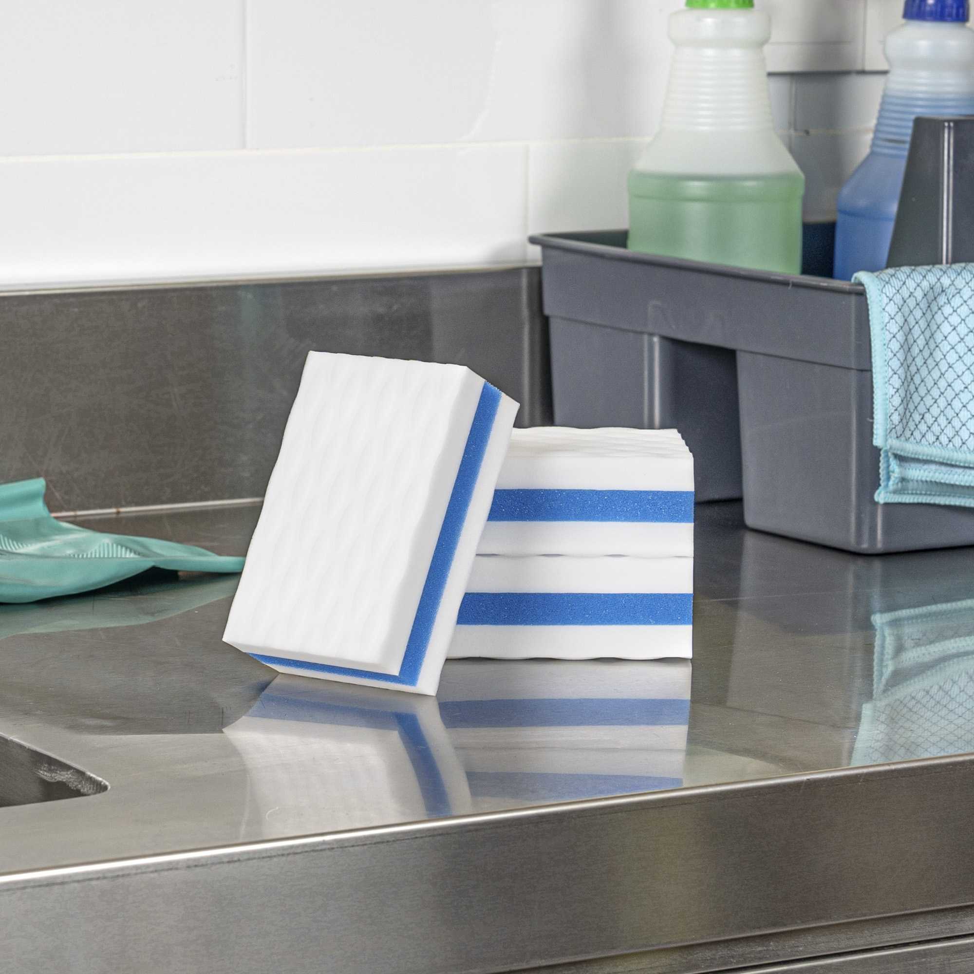 Clean Tek Professional White and Blue Triple Layer Melamine Eraser Sponge - 4 1/4" x 2 3/4" x 1 1/2" - 3 count box