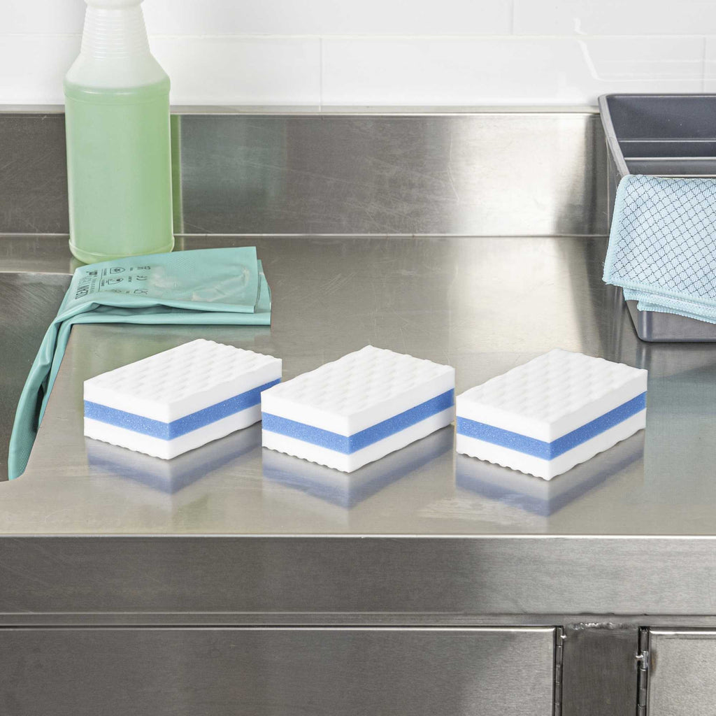 Clean Tek Professional White and Blue Triple Layer Melamine Eraser Sponge - 4 1/4" x 2 3/4" x 1 1/2" - 3 count box