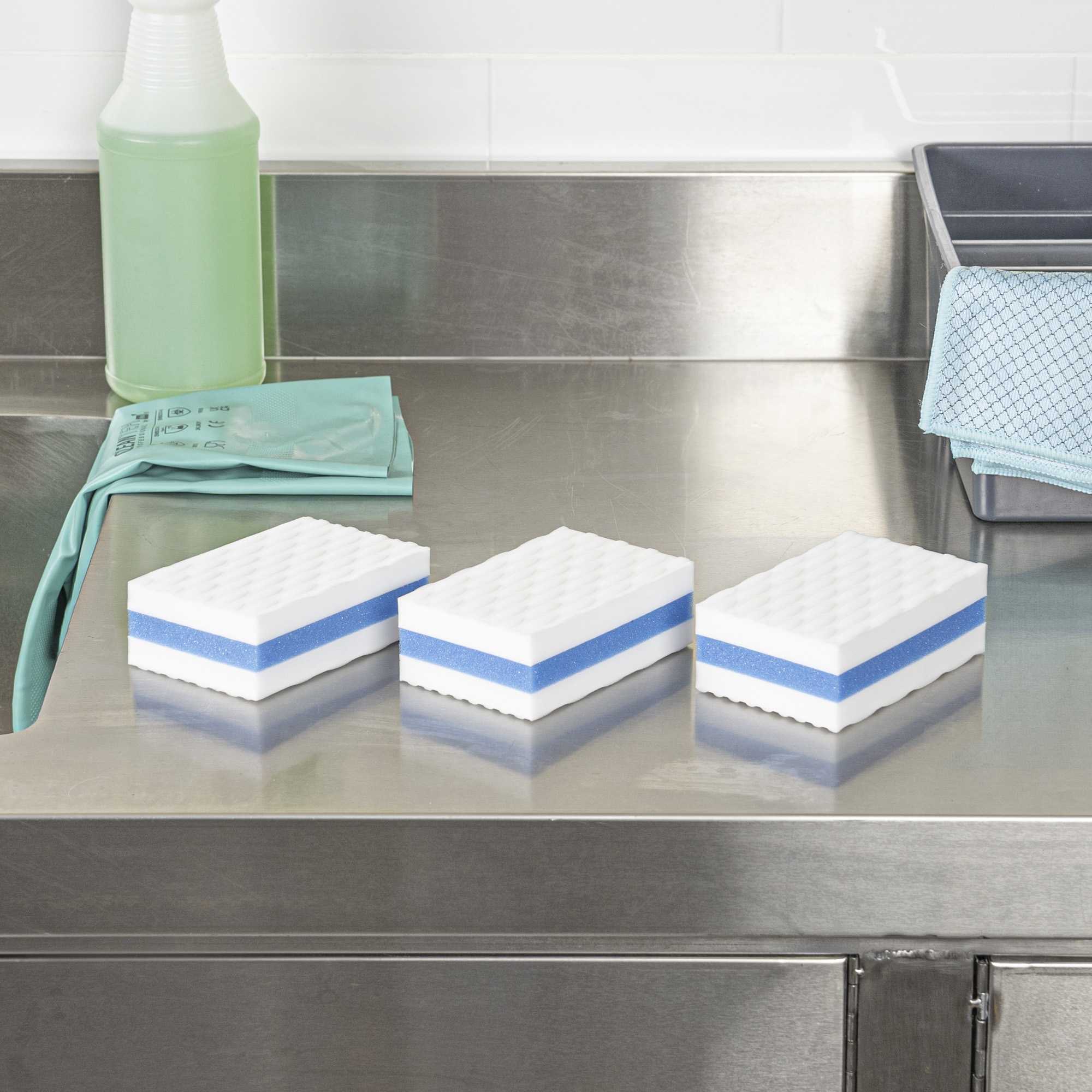 Clean Tek Professional White and Blue Triple Layer Melamine Eraser Sponge - 4 1/4" x 2 3/4" x 1 1/2" - 3 count box
