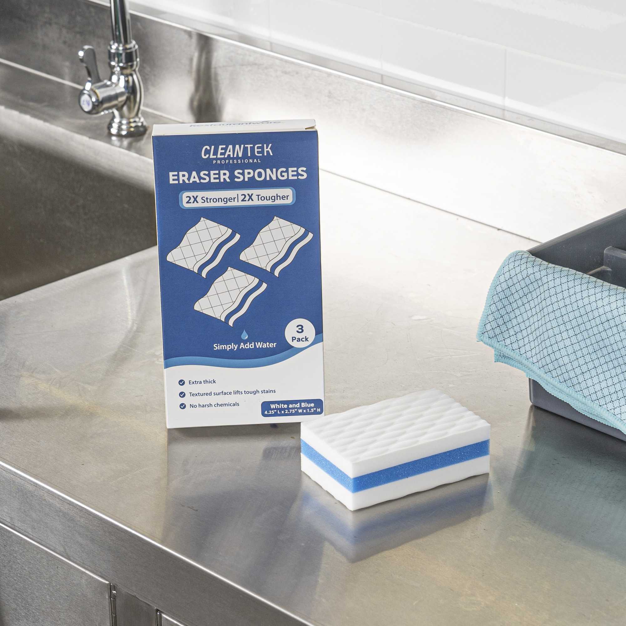 Clean Tek Professional White and Blue Triple Layer Melamine Eraser Sponge - 4 1/4" x 2 3/4" x 1 1/2" - 3 count box