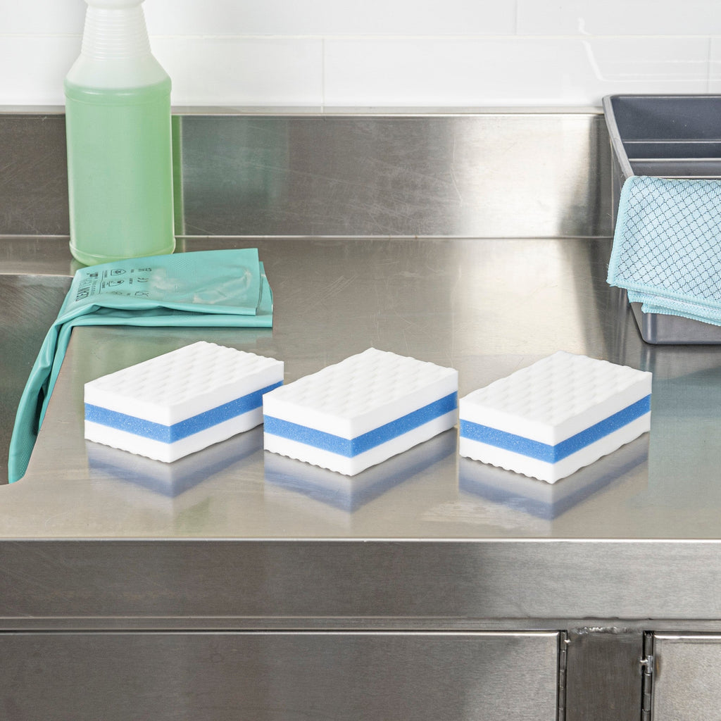 Clean Tek Professional White and Blue Triple Layer Melamine Eraser Sponge - 4 1/4" x 2 3/4" x 1 1/2" - 60 count box