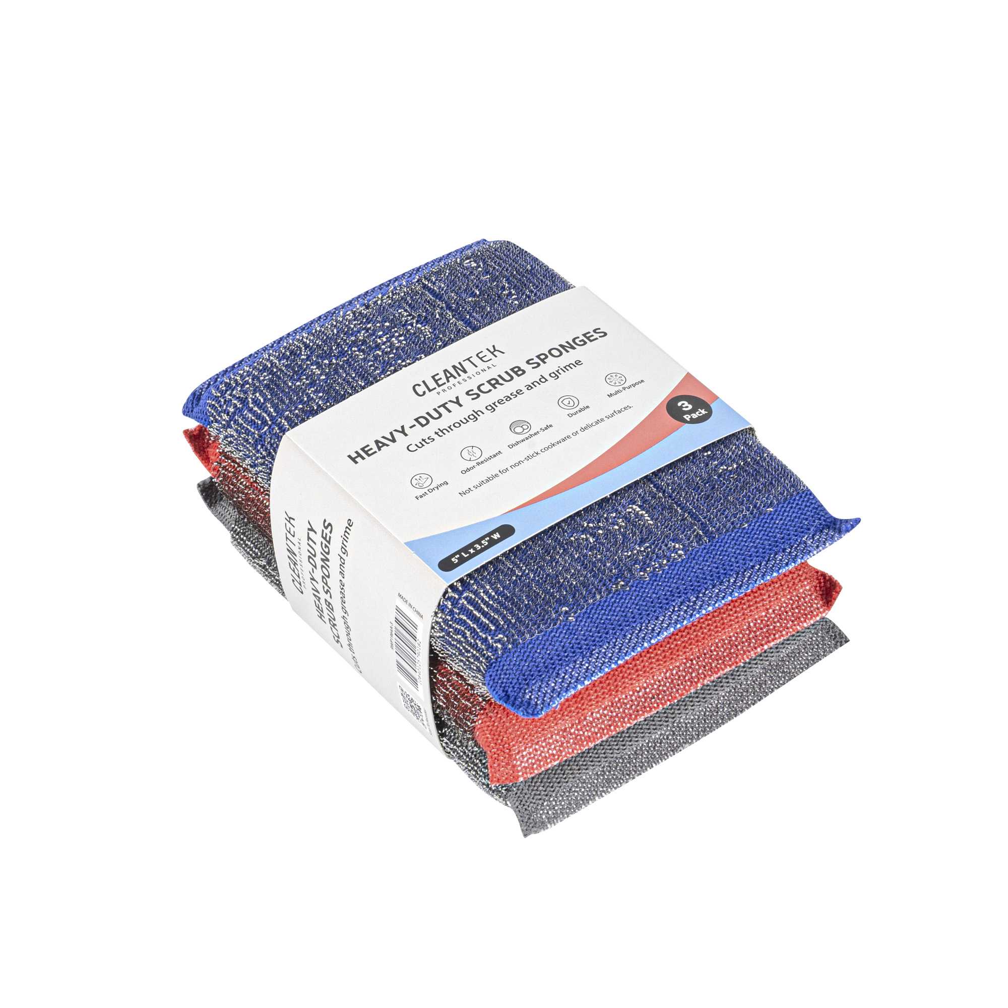 Clean Tek Professional Heavy-Duty Multi-Purpose Assorted Iron Scrub Sponge - Gray, Red, and Blue - 5" x 3 1/2" x 1/2" - 3 count box