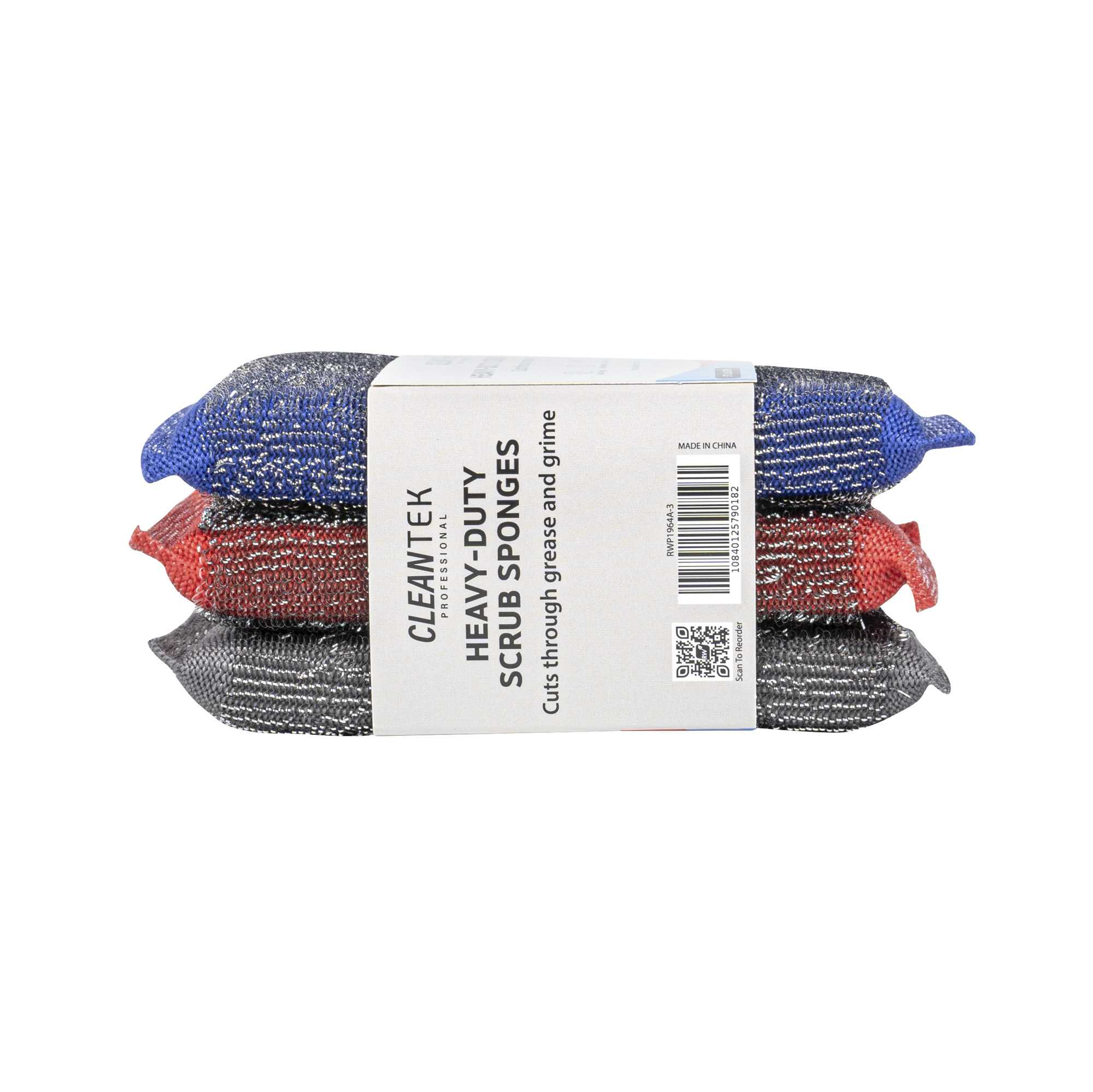 Clean Tek Professional Heavy-Duty Multi-Purpose Assorted Iron Scrub Sponge - Gray, Red, and Blue - 5" x 3 1/2" x 1/2" - 3 count box