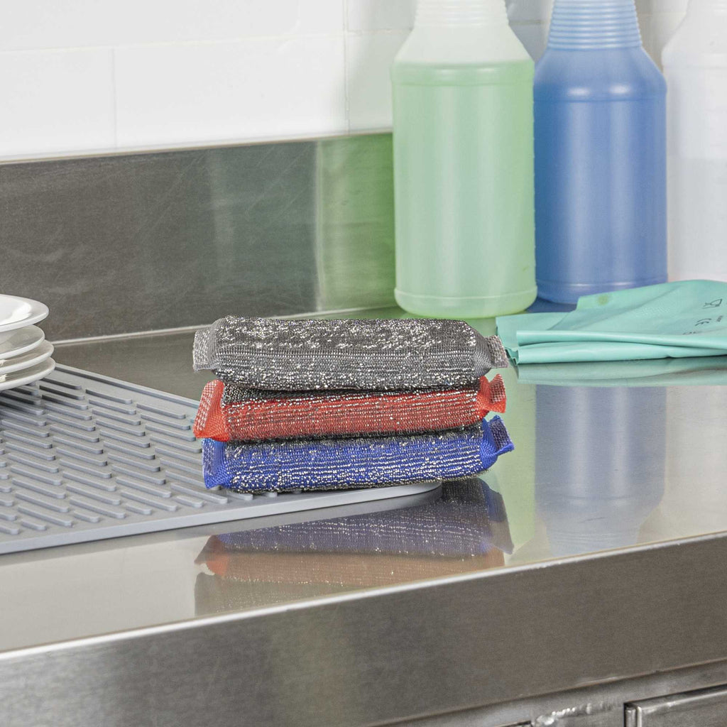 Clean Tek Professional Heavy-Duty Multi-Purpose Assorted Iron Scrub Sponge - Gray, Red, and Blue - 5" x 3 1/2" x 1/2" - 3 count box