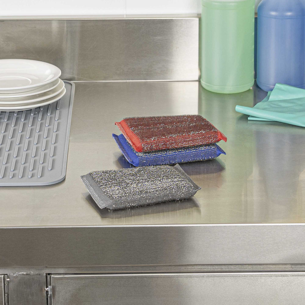 Clean Tek Professional Heavy-Duty Multi-Purpose Assorted Iron Scrub Sponge - Gray, Red, and Blue - 5" x 3 1/2" x 1/2" - 3 count box