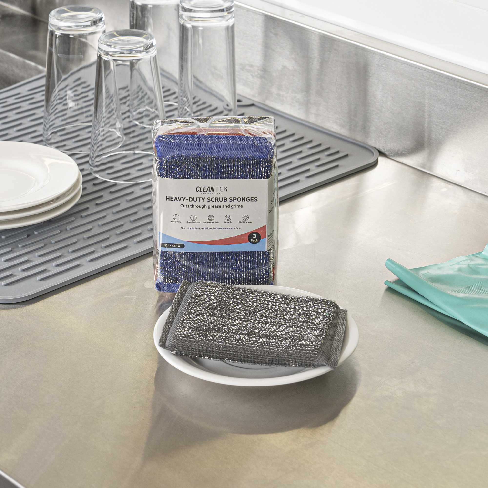 Clean Tek Professional Heavy-Duty Multi-Purpose Assorted Iron Scrub Sponge - Gray, Red, and Blue - 5" x 3 1/2" x 1/2" - 3 count box