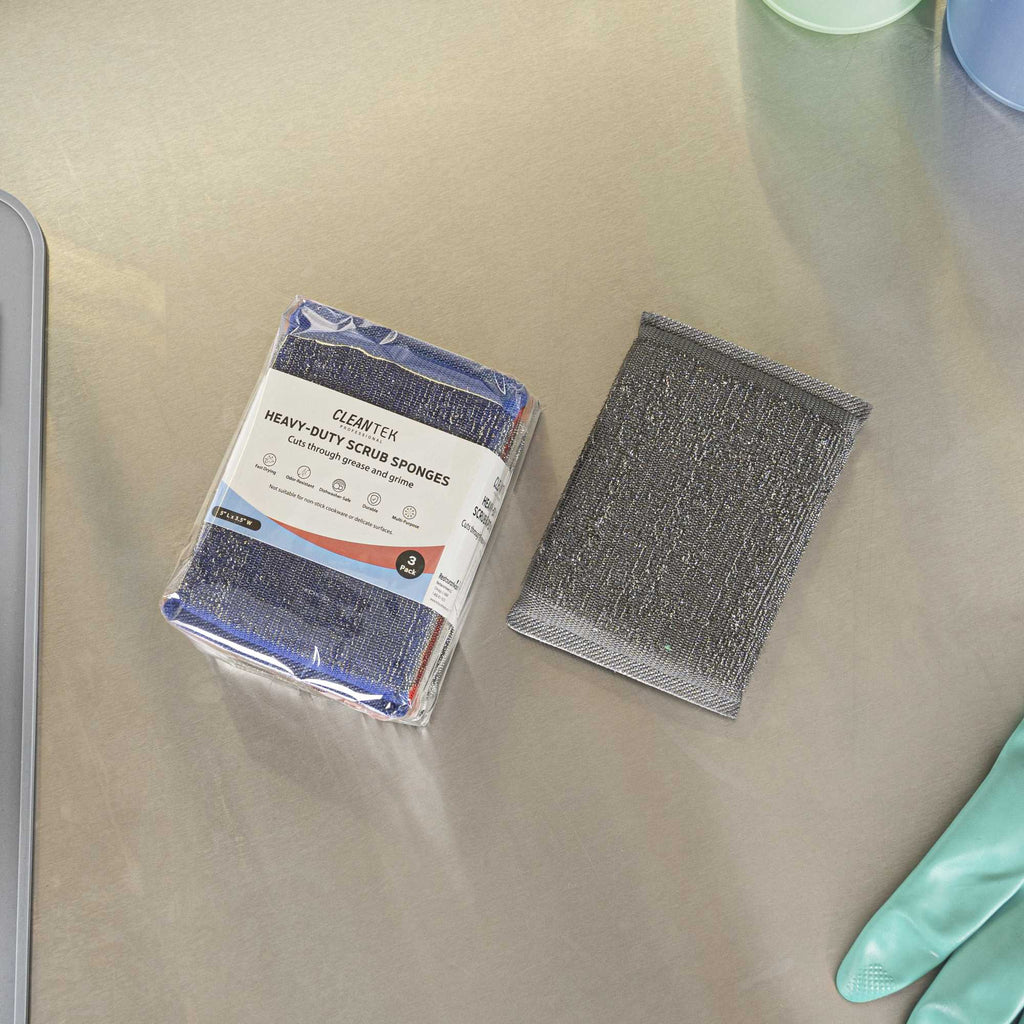 Clean Tek Professional Heavy-Duty Multi-Purpose Assorted Iron Scrub Sponge - Gray, Red, and Blue - 5" x 3 1/2" x 1/2" - 3 count box