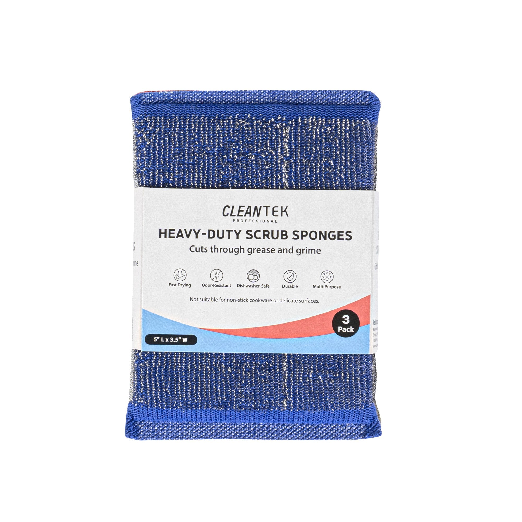 Clean Tek Professional Heavy-Duty Multi-Purpose Assorted Iron Scrub Sponge - Gray, Red, and Blue - 5" x 3 1/2" x 1/2" - 60 count box