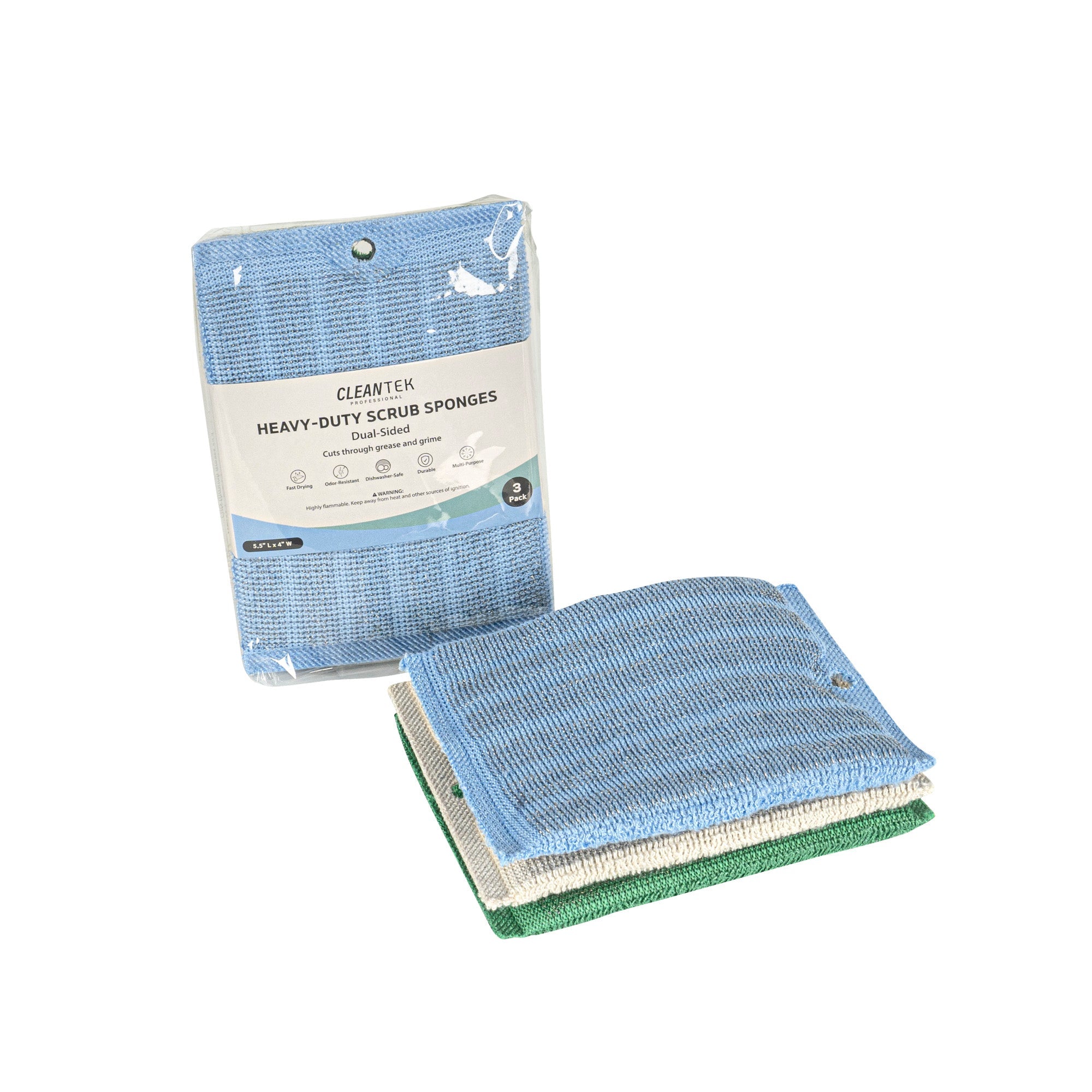 Clean Tek Professional Dual-Sided Heavy-Duty Multi-Purpose Scrub Sponge - Blue, Beige, and Green, Non-Scratch - 5 1/2" x 4" - 60 count box
