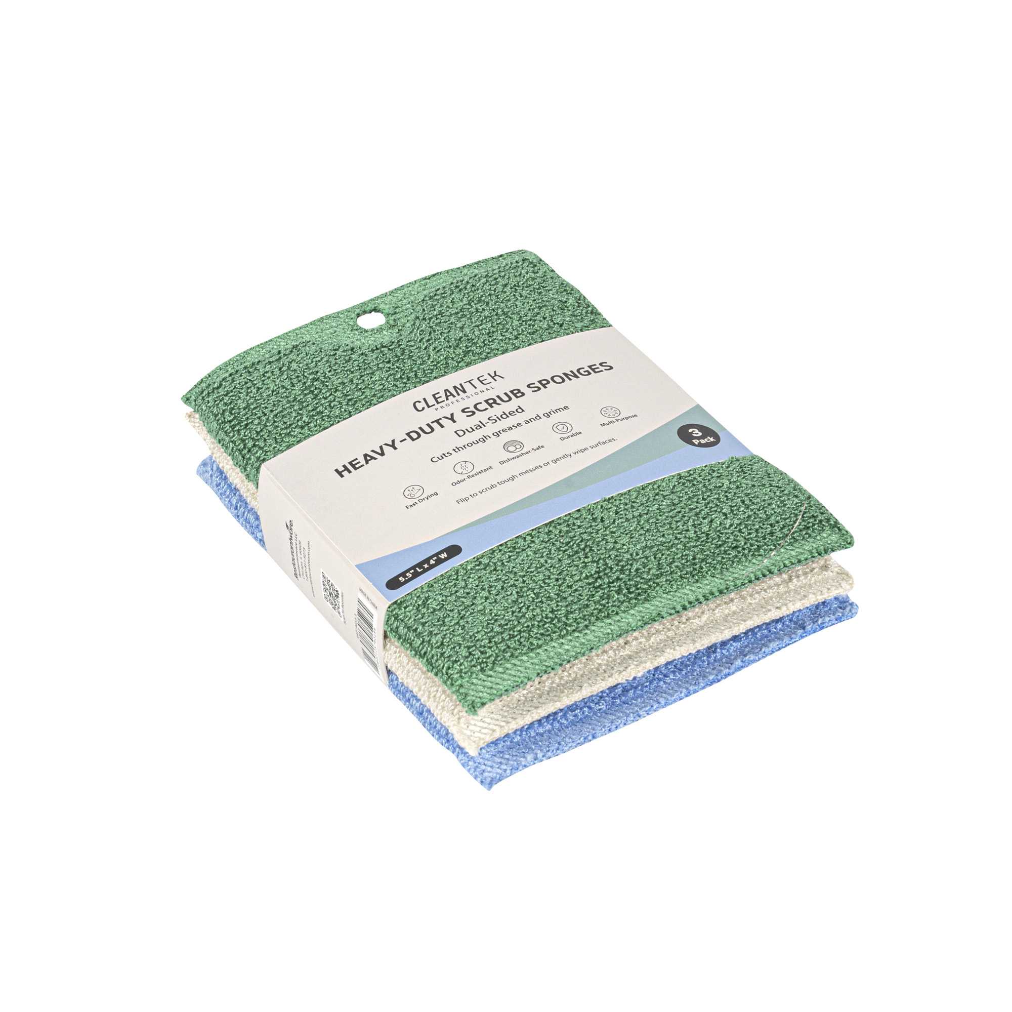 Clean Tek Professional Dual-Sided Heavy-Duty Multi-Purpose Scrub Sponge - Blue, Beige, and Green, Non-Scratch - 5 1/2" x 4" - 3 count box