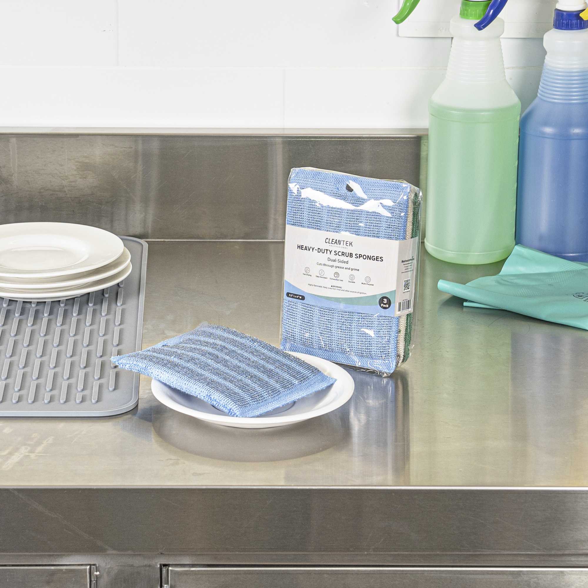 Clean Tek Professional Dual-Sided Heavy-Duty Multi-Purpose Scrub Sponge - Blue, Beige, and Green, Non-Scratch - 5 1/2" x 4" - 3 count box